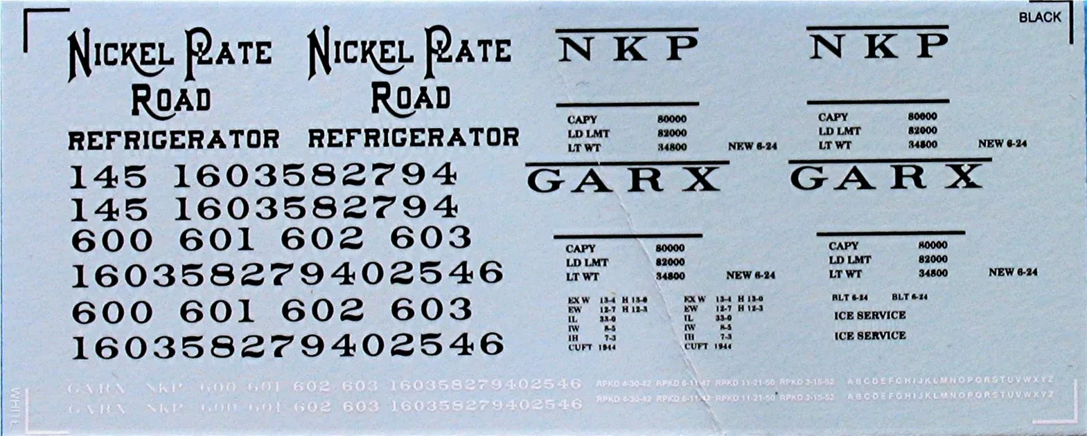 Bethlehem Car Works KitBits 253 HO Scale Black NKP/GARX Reefer Car Decals