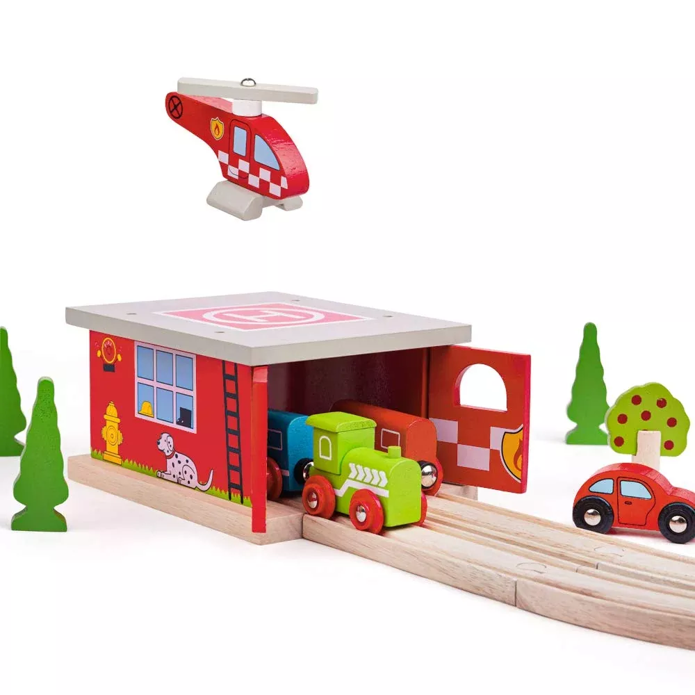 Bigjigs Rail Wooden Fire Station for Train Set, Multicoloured, One Size