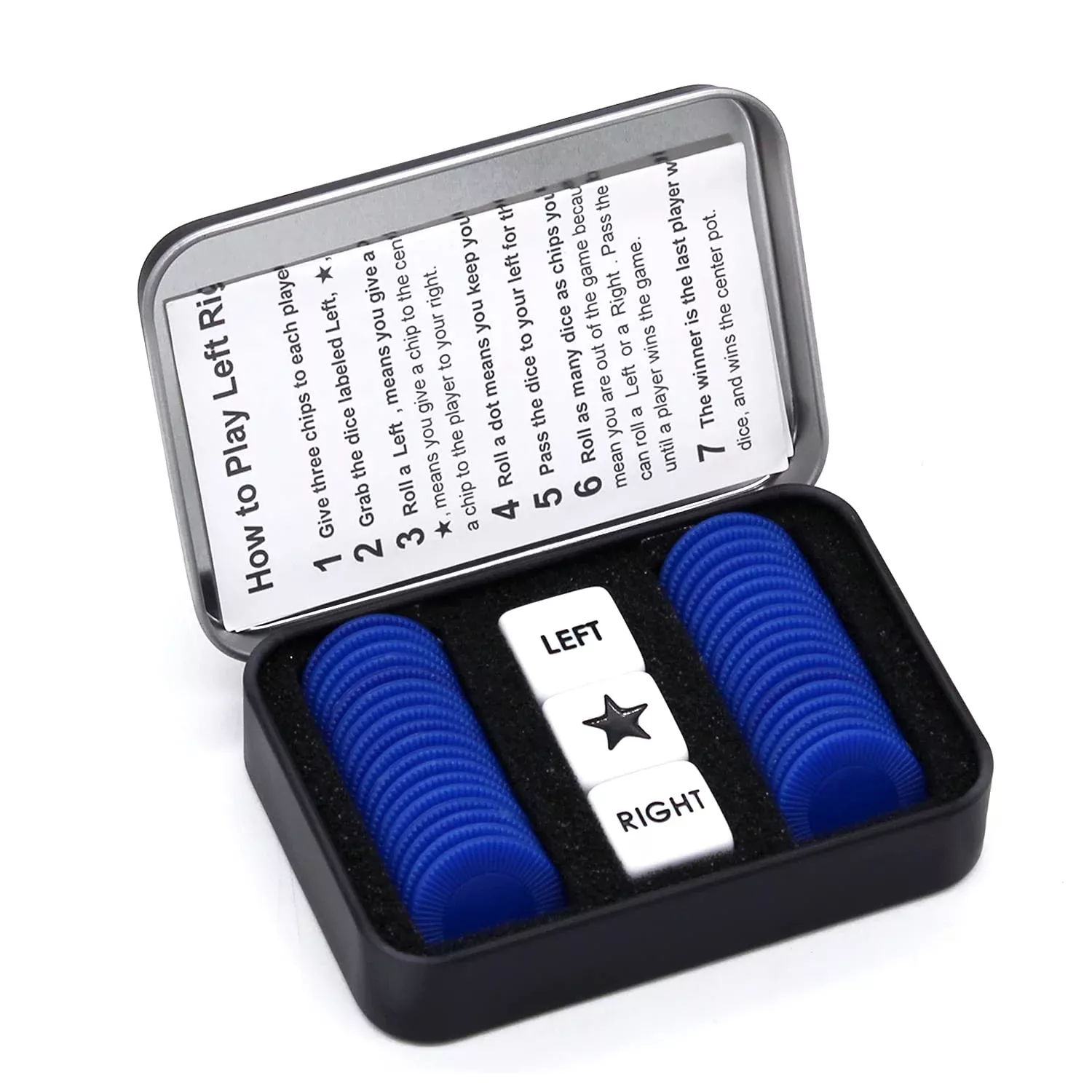 Bilywey Left Right Dice Game for Parties, Blue, 3 Dice, 36 Chips