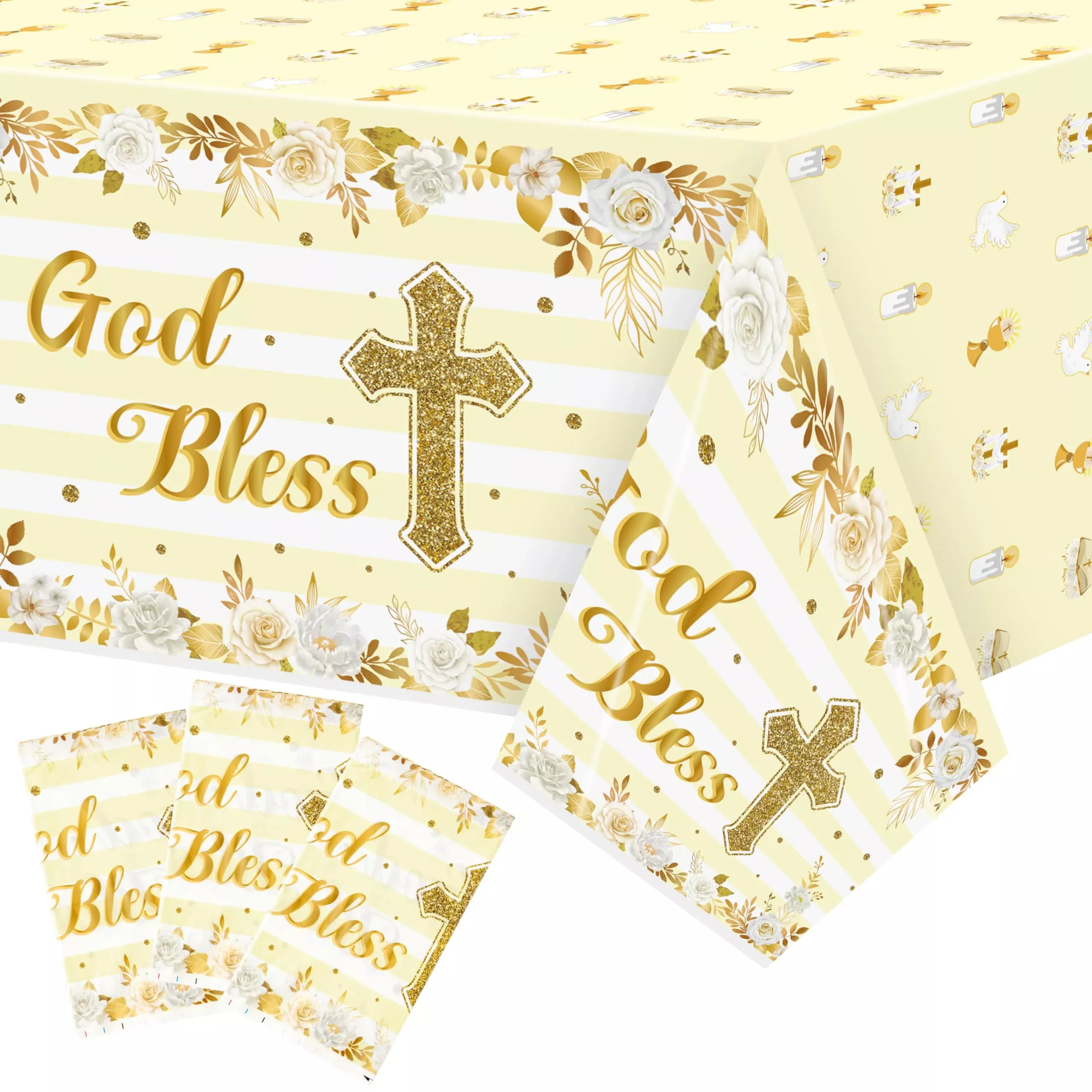 Bkeecten 3 Packs Gold Baby Baptism Party Tablecloths Decorations Flowe