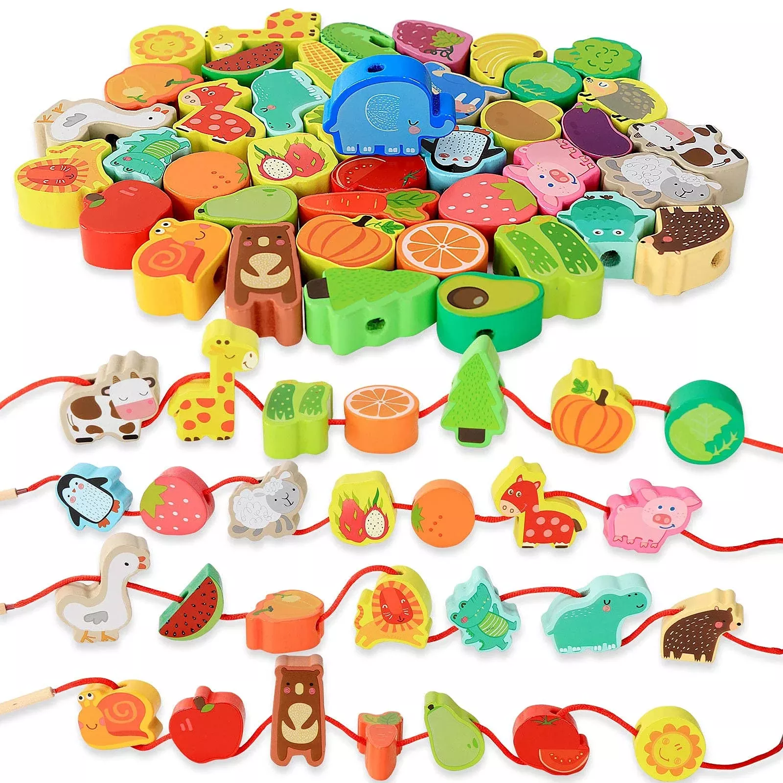 BMTOYS Wooden Threading Beads Set for Toddlers, Rainbow, 42 Pieces