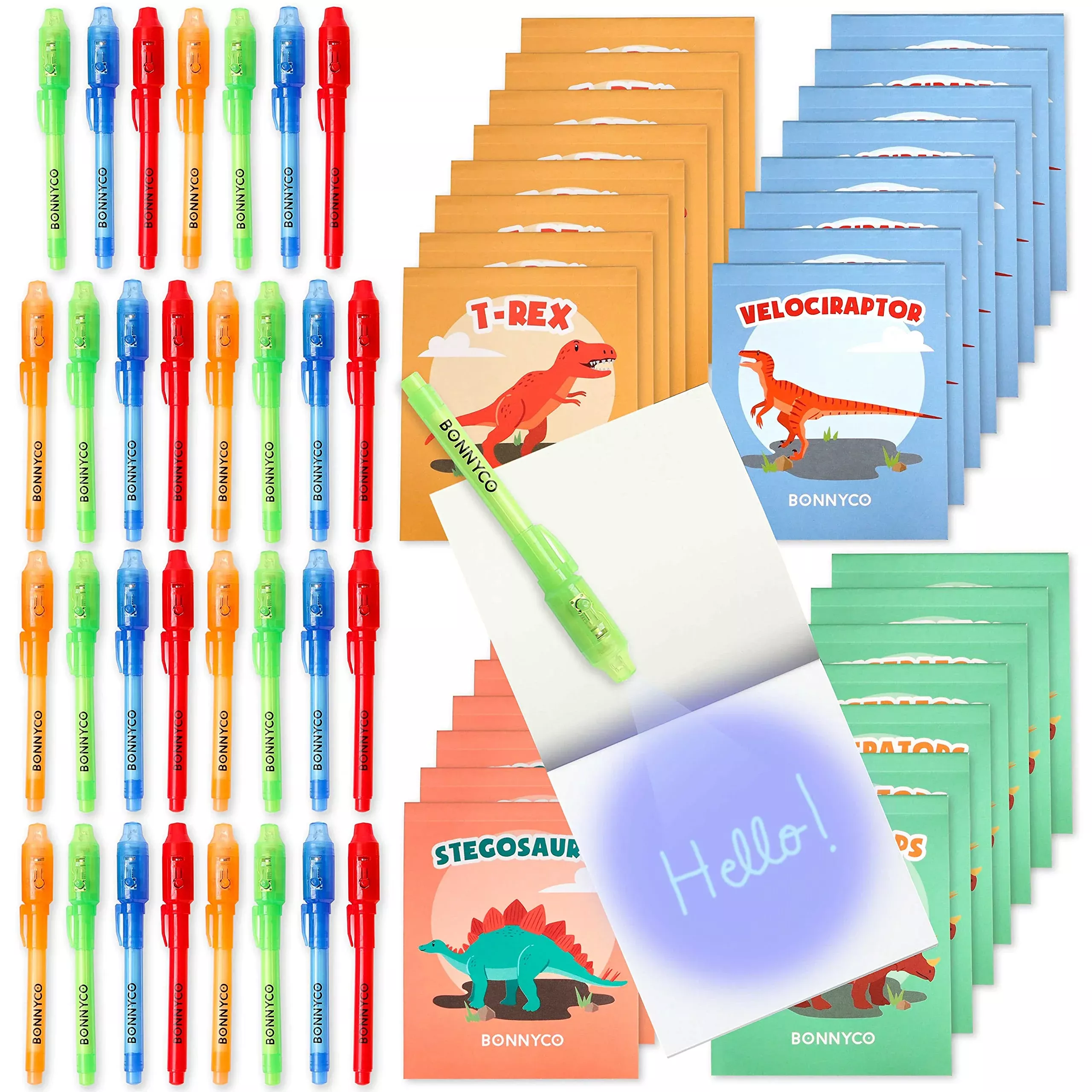 BONNYCO Dinosaur Spy Pen Set with Notepad, 32 Assorted Colors