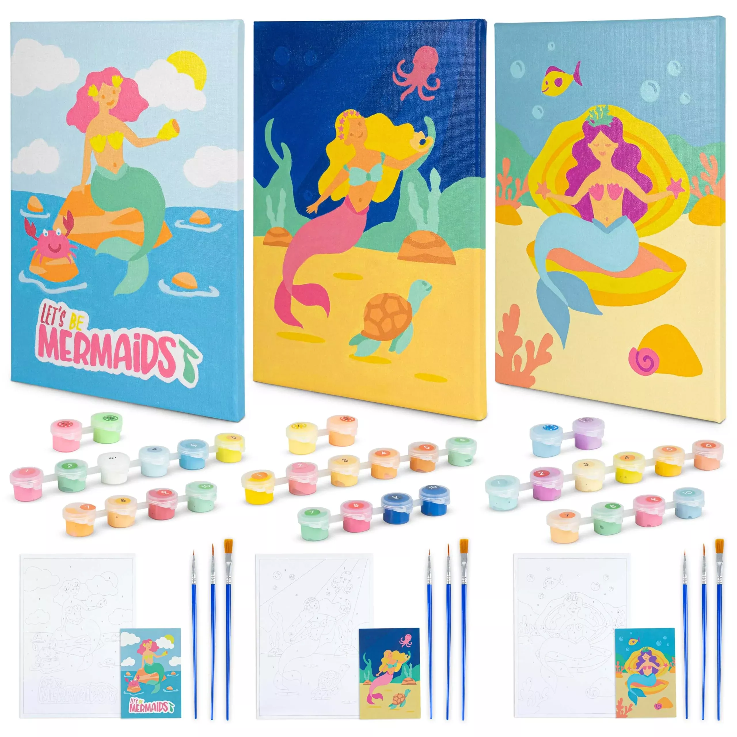 BONNYCO Paint by Numbers Kit for Kids - Mermaids - 3 Canvases -