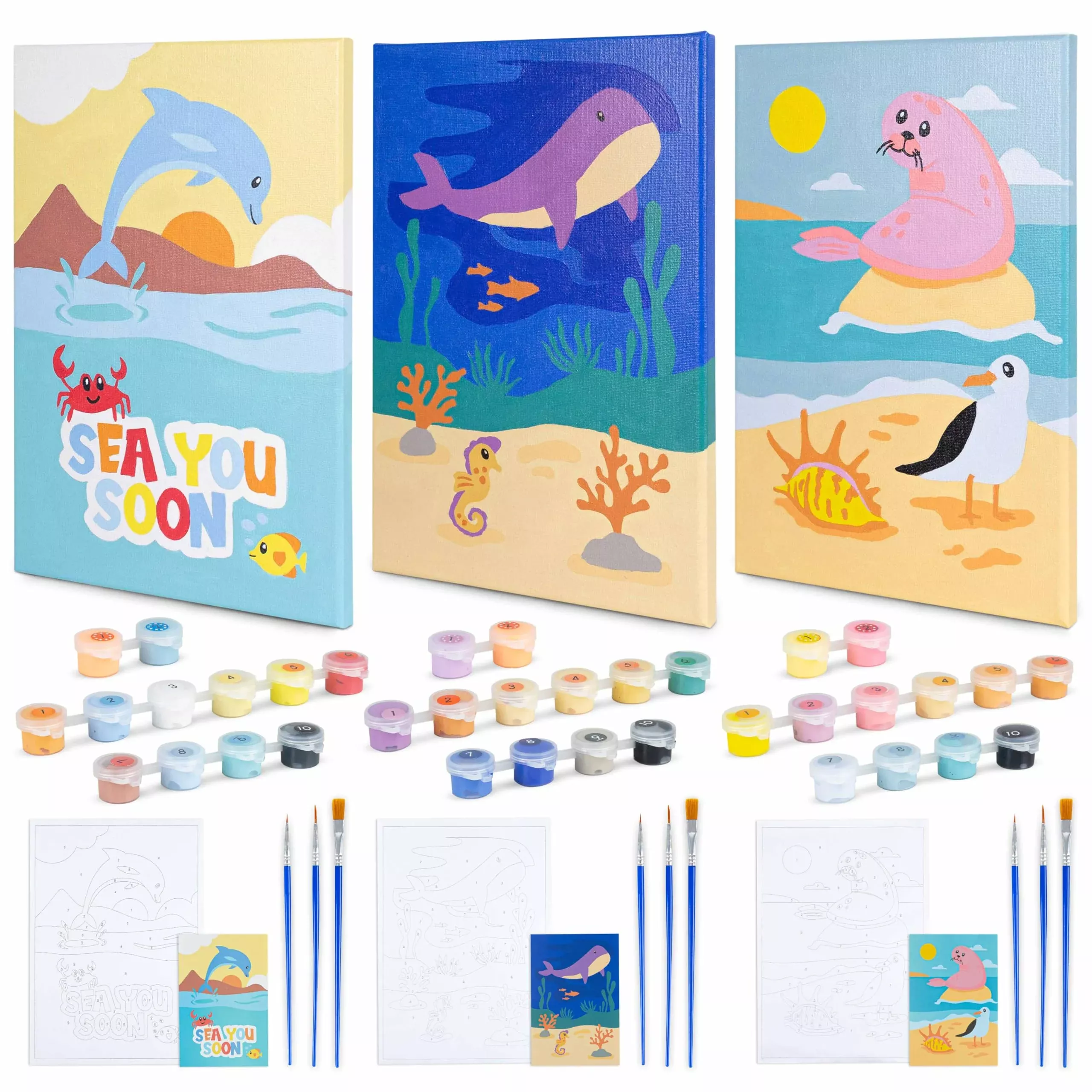 BONNYCO Paint by Numbers Kit for Kids - Ocean - 3 Canvases,