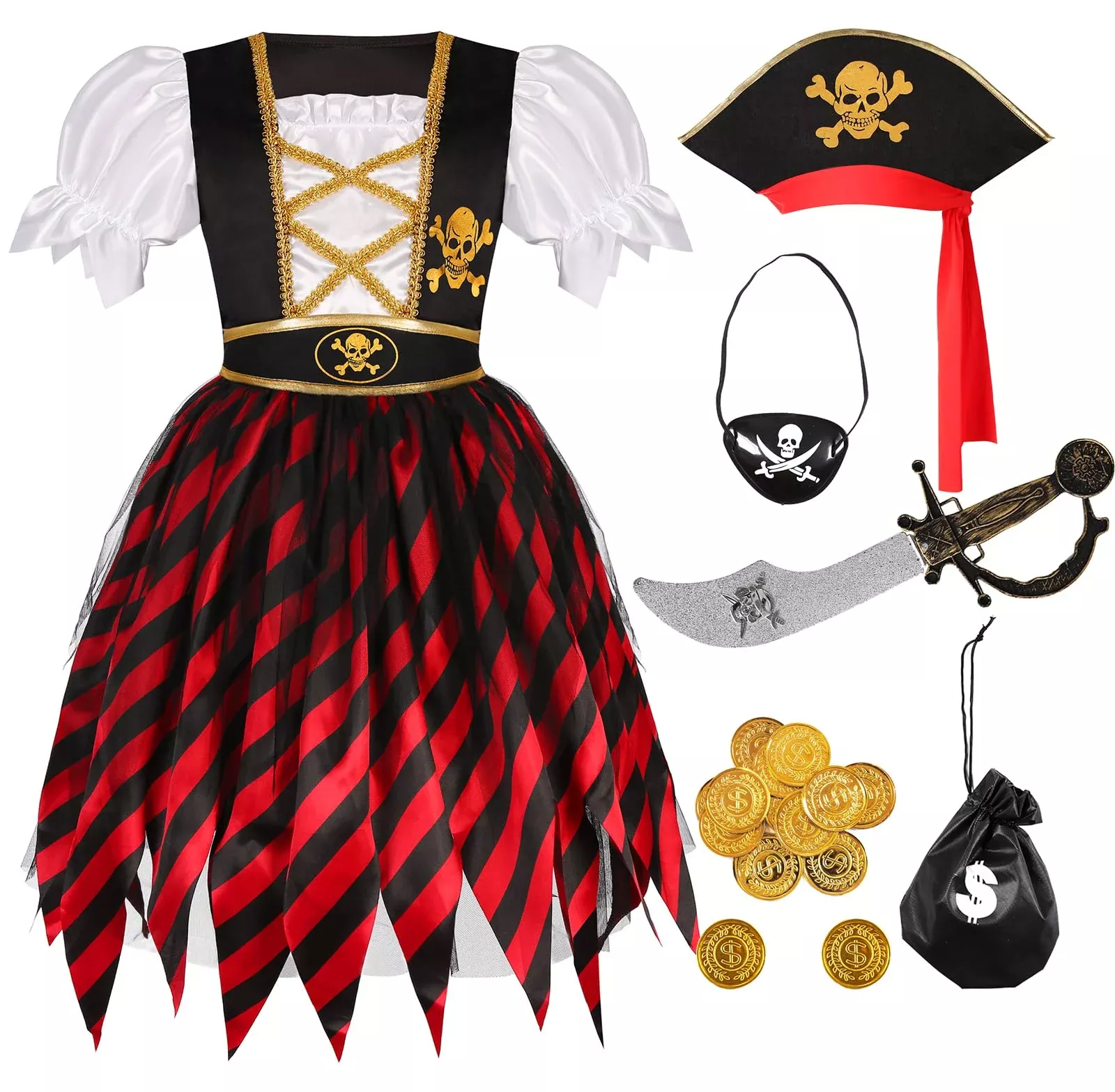 Bordazor Pirate Costume for Girls, 7-9 Years, Black and Red