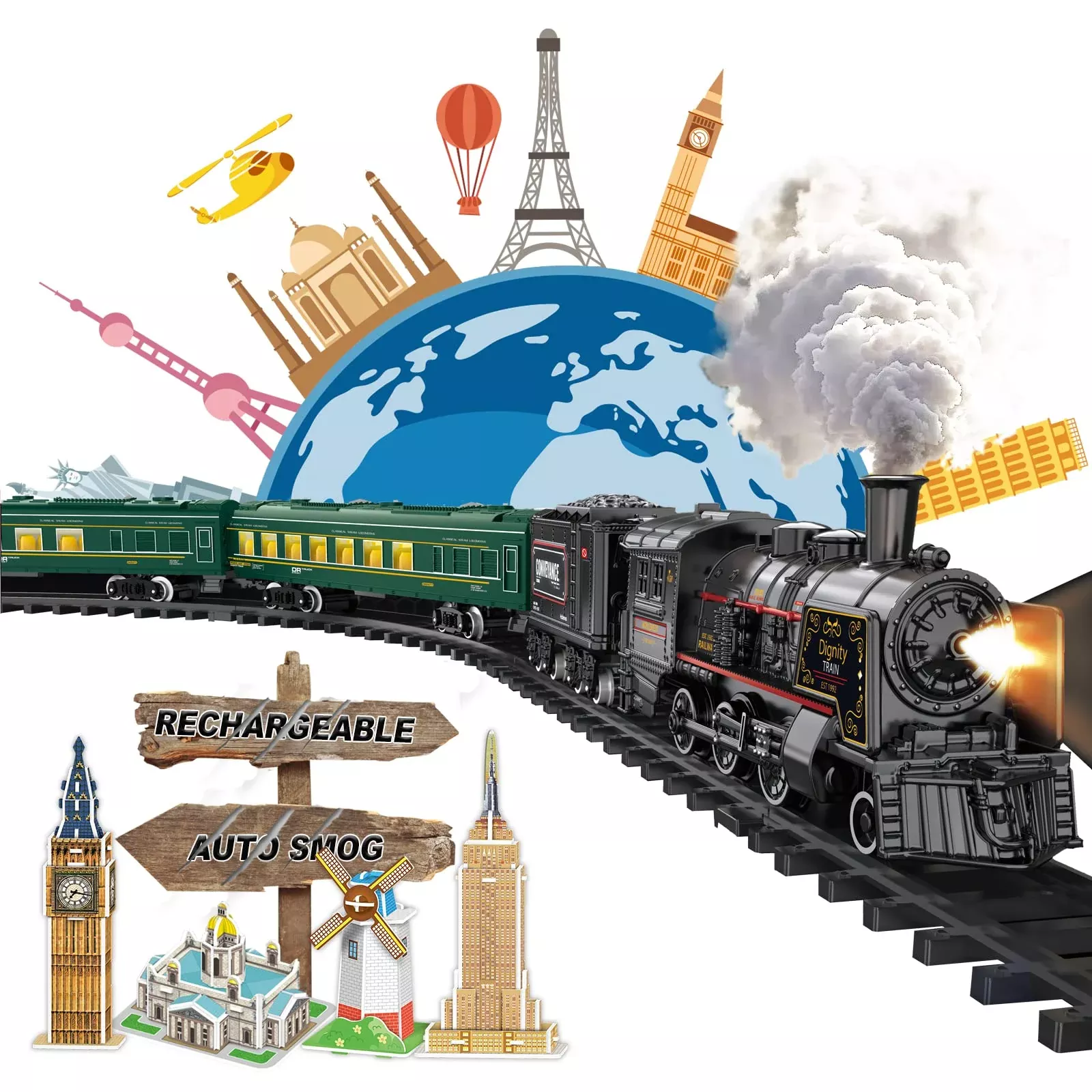 BUBUQE USB-Powered Electric Train Set, Green Metal, 51.2"