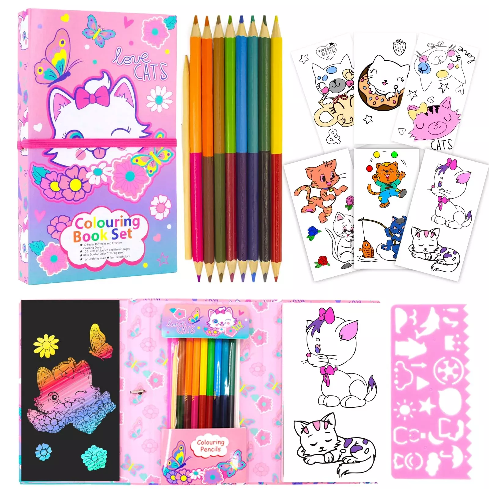 Cat Coloring Book Set With Coloring Pages & Colored Pencils, Art Suppl