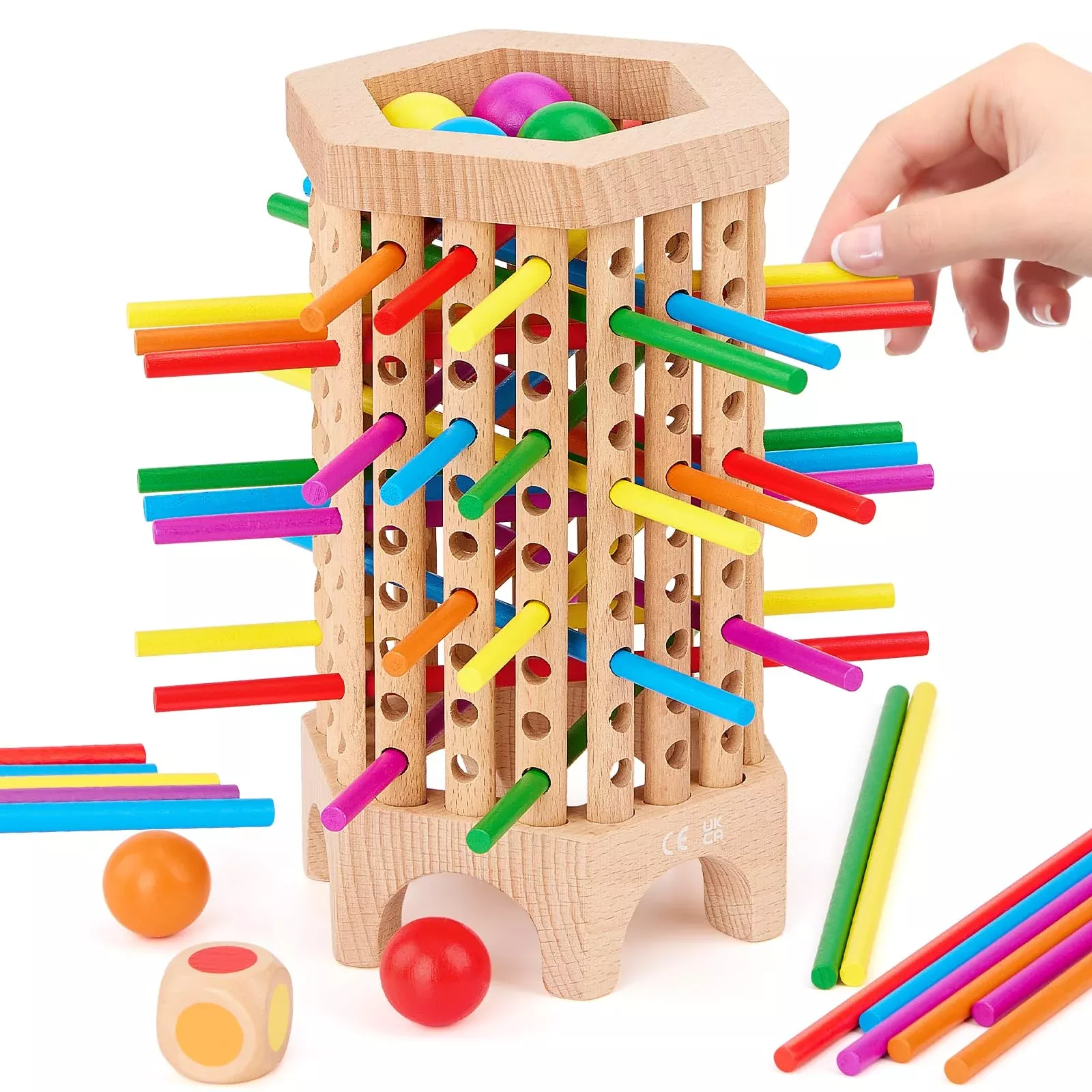 Centtechi Wooden Tower Game for Kids, 36 Sticks, 6 Balls, Medium