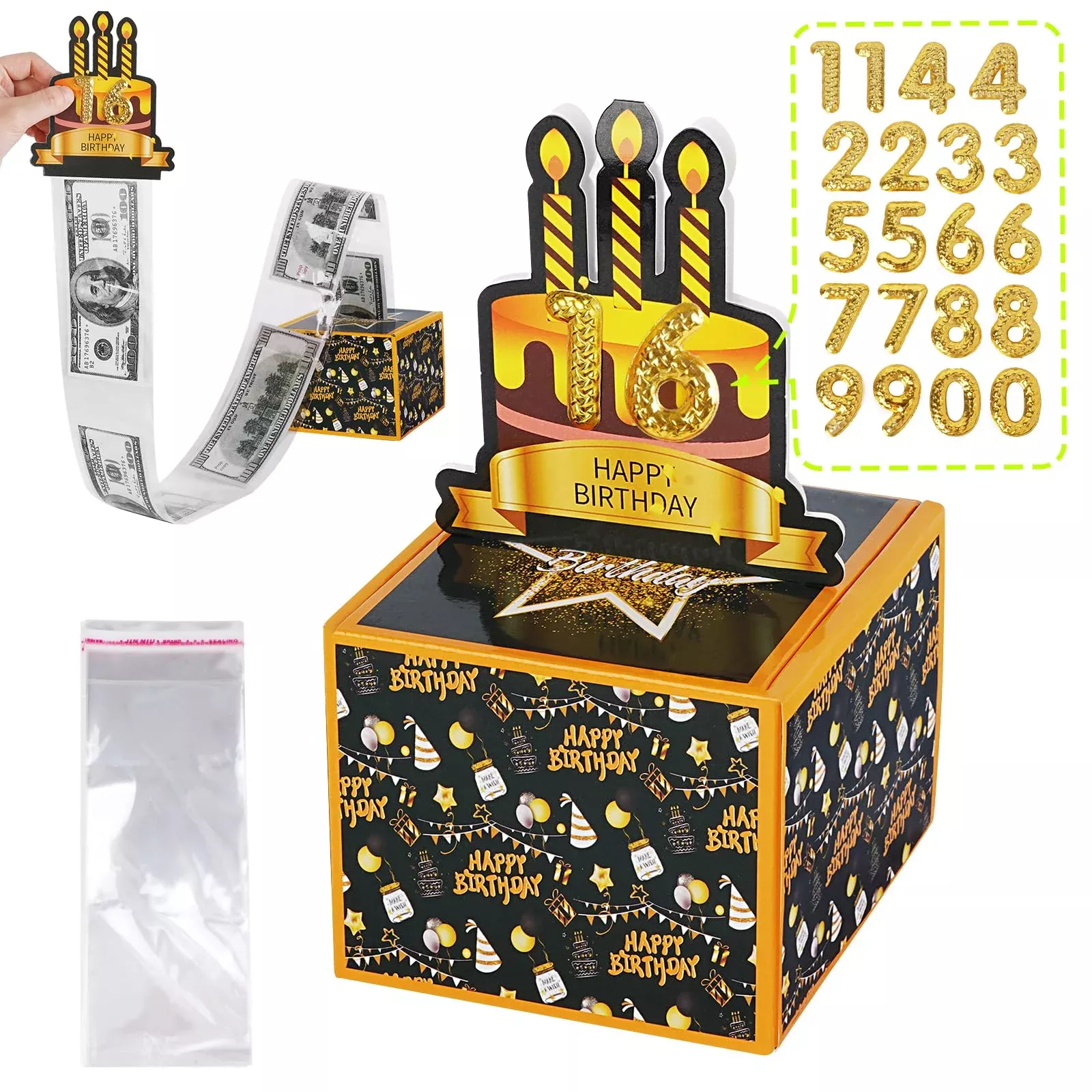 CEPNEO Birthday Money Box - Cash Gift Pulls, Black Gold, Easy Assemble