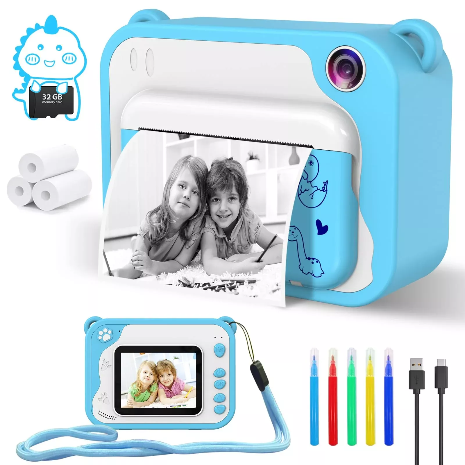 CHAKEYAKE Instant Camera for Kids 20MP 1080P Blue with 32GB