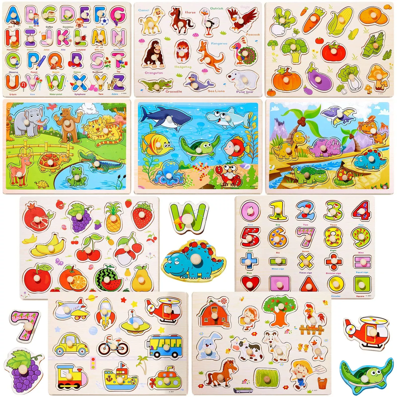 Chivao 10 Pack Wooden Peg Puzzles For Toddlers Jigsaw Learning Puzzles