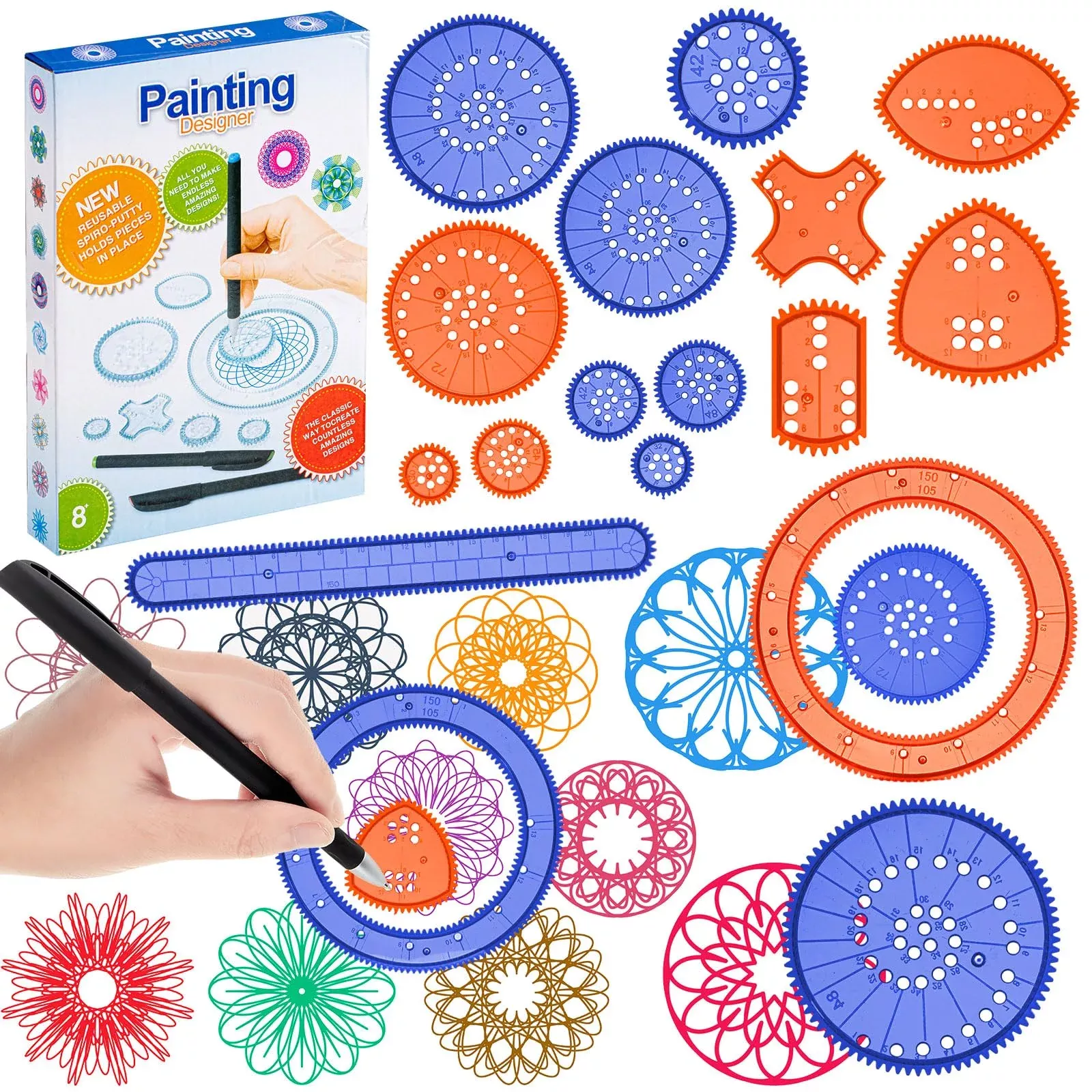 Chivao Spiral Drawing Stencil Set, 22 Pieces, Blue and Orange, 8