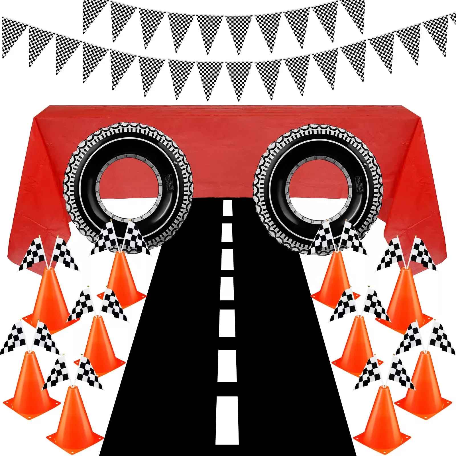 Cindeer Racing Party Supplies Set, 12 Traffic Cones, 12 Flags, Red Table