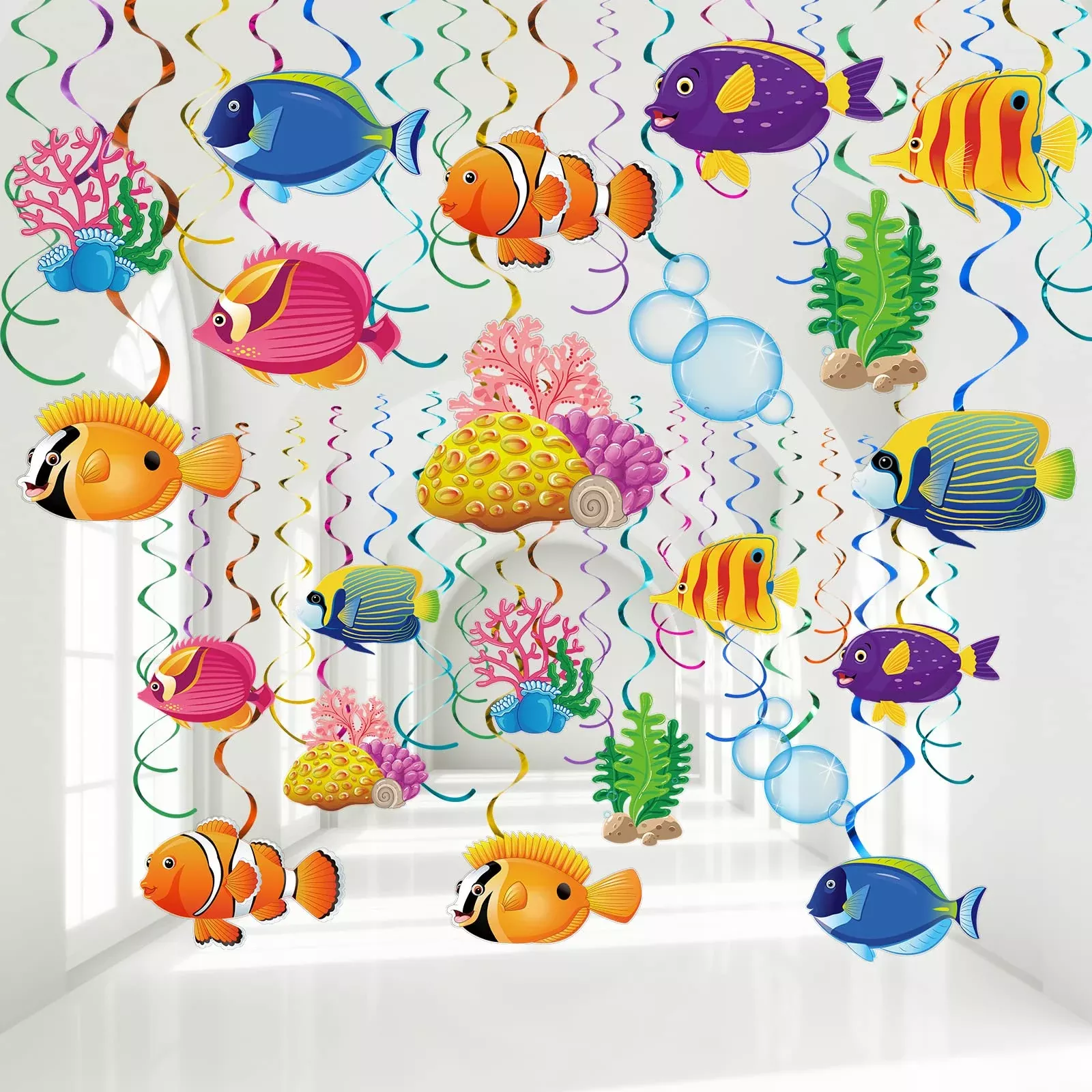 Clabby Tropical Fish Hanging Swirls Decorations, 30 Pieces, Multi-color