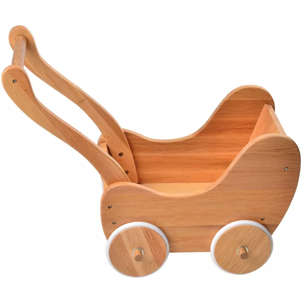 Constructive Playthings Wooden Doll Buggy With Rubber Edged Wooden Whe