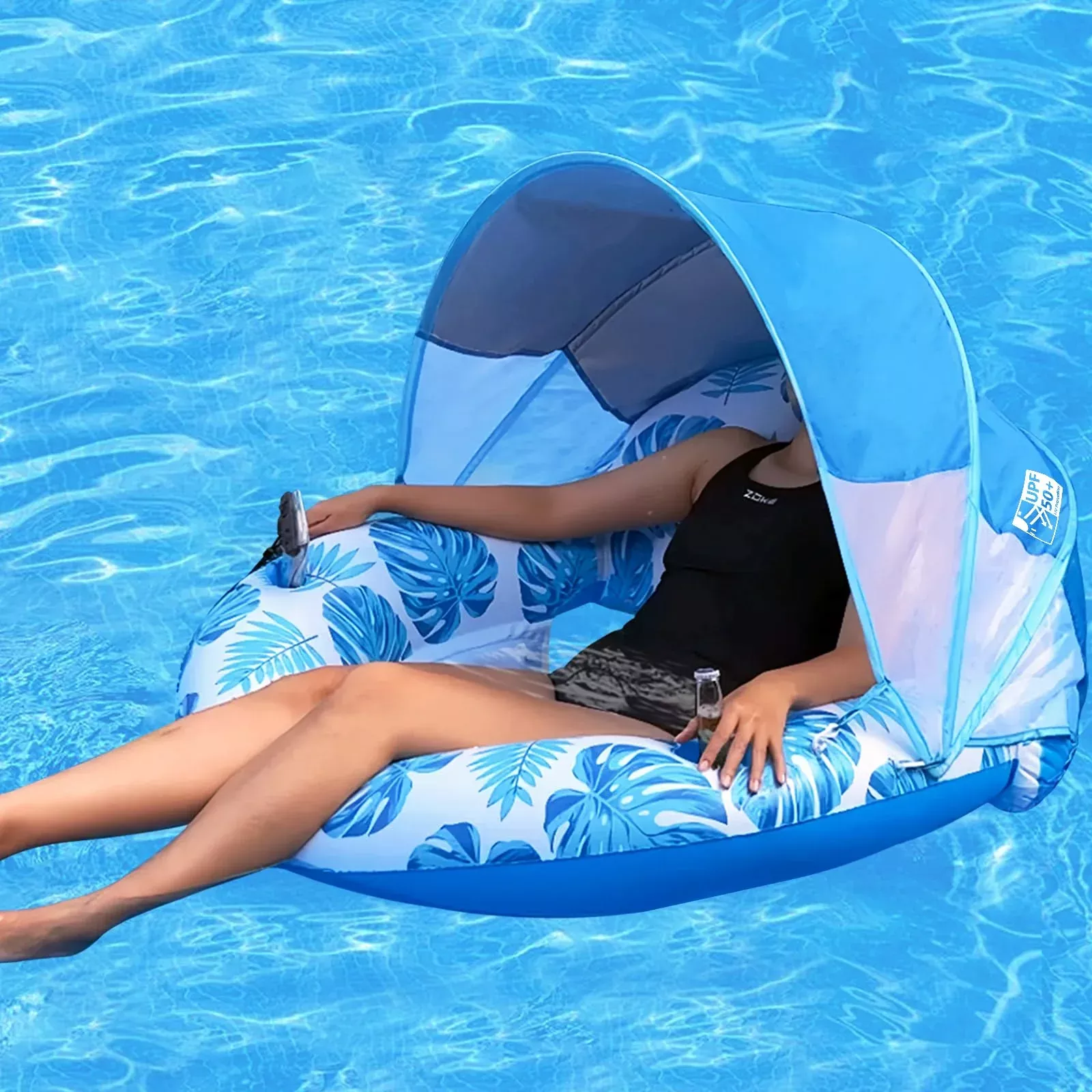 COOLCOOLDEE Inflatable Pool Chair Float with Shade, XL, Blue, Heavy Du