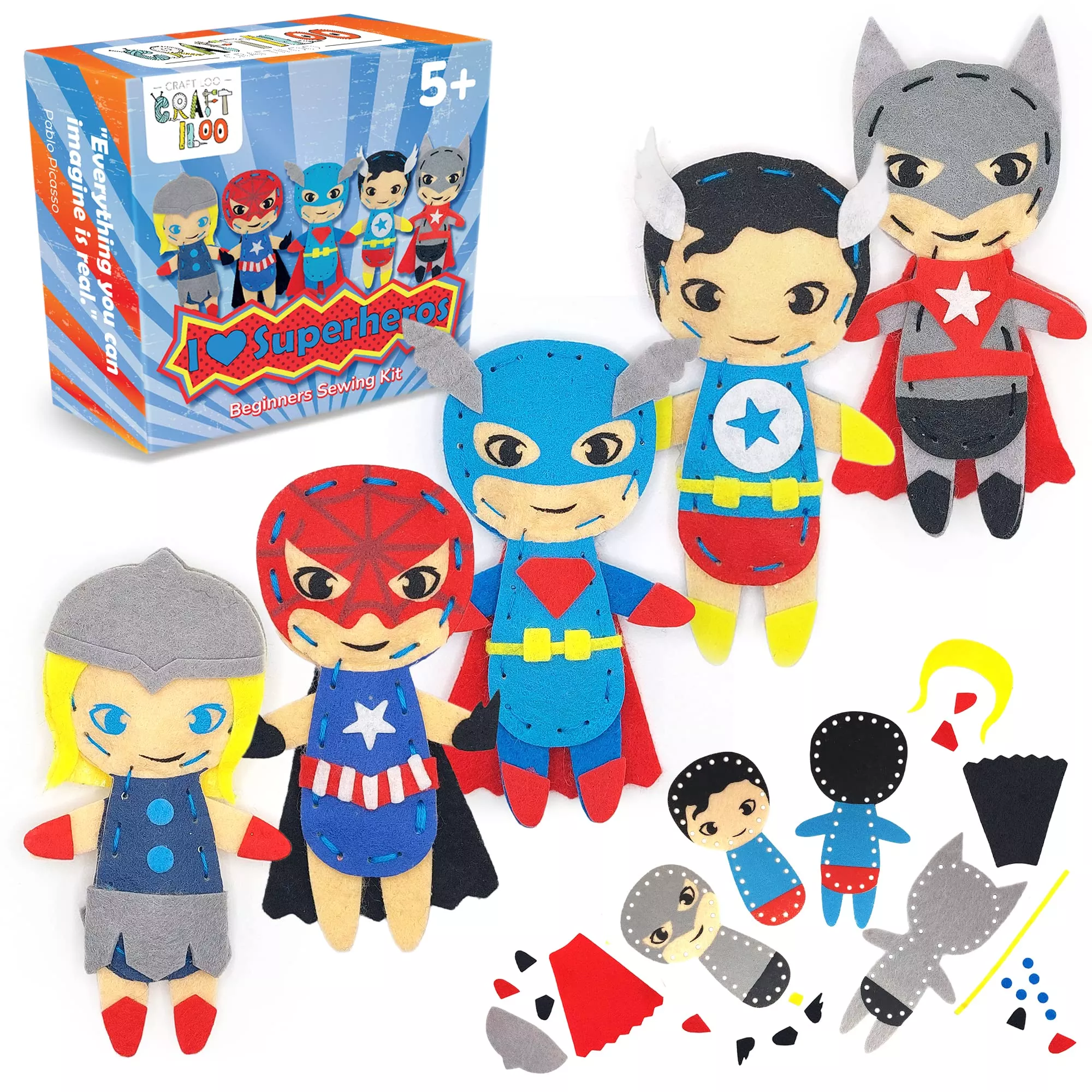 CRAFTILOO Superhero Sewing Kit for Kids, Small, Felt Fabric, 5 Figures