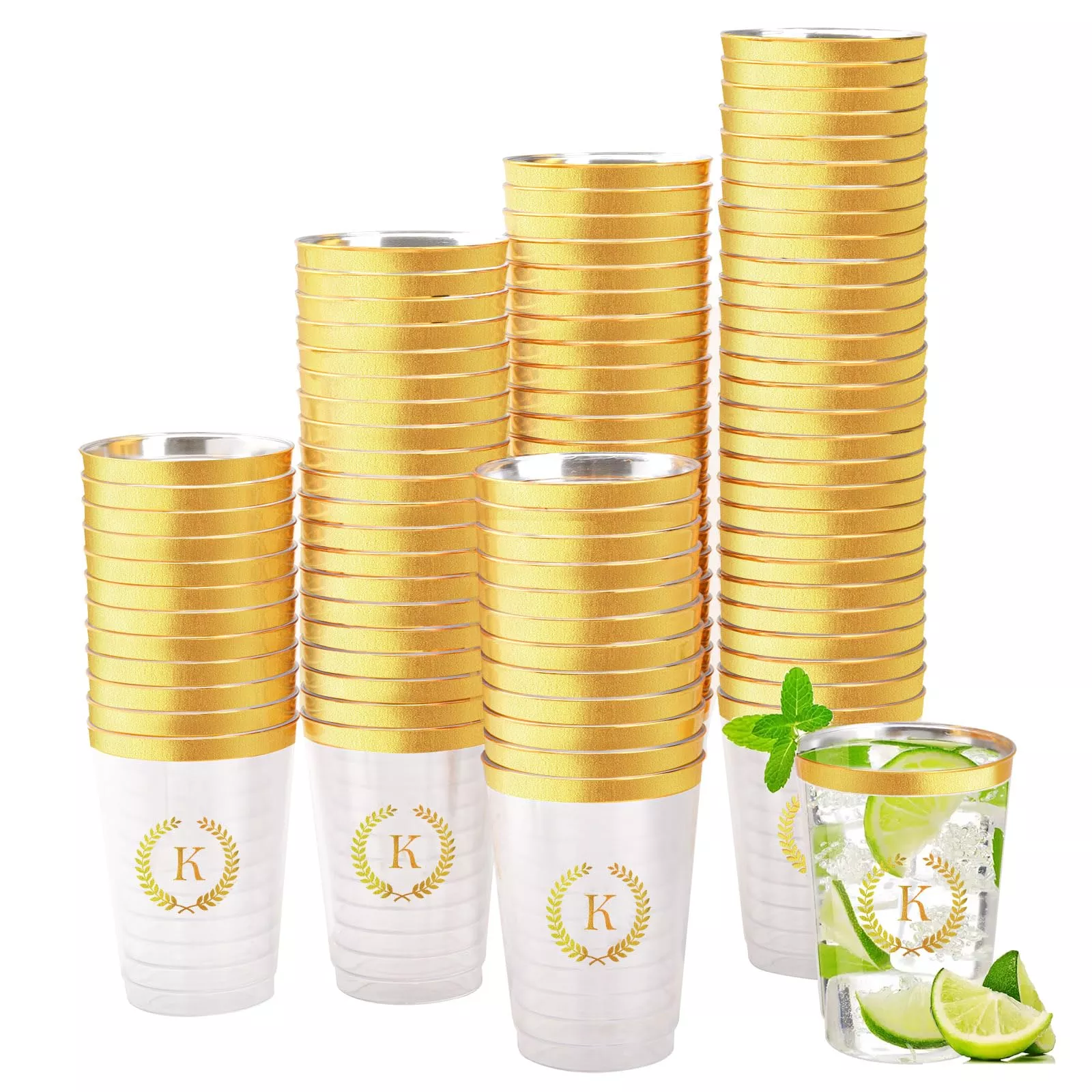 Datyiiha Gold Plastic Cups 12 oz Monogram K Pack of 100