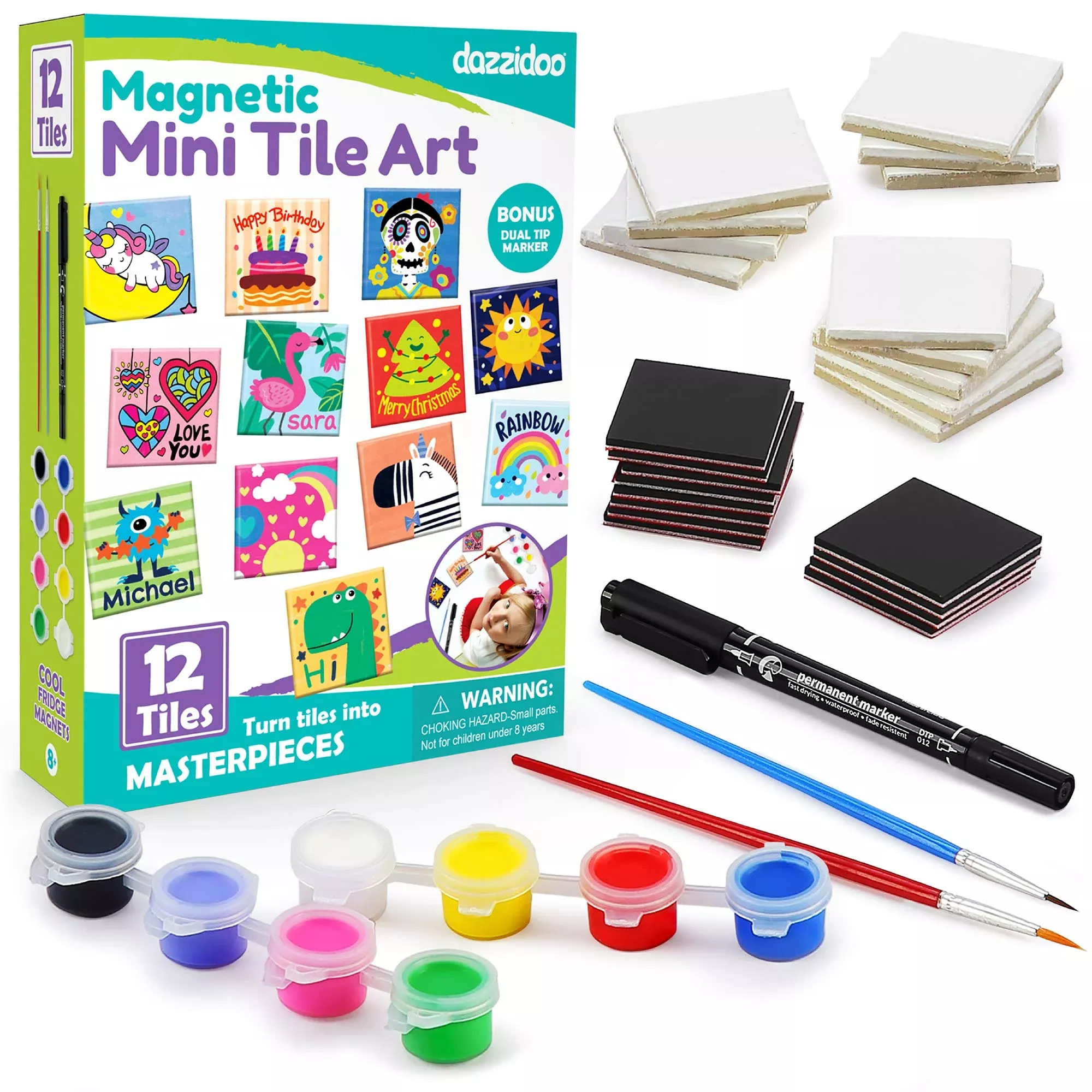 dazzidoo Craft Kit for Kids - 12 Ceramic Tiles, Small, Black