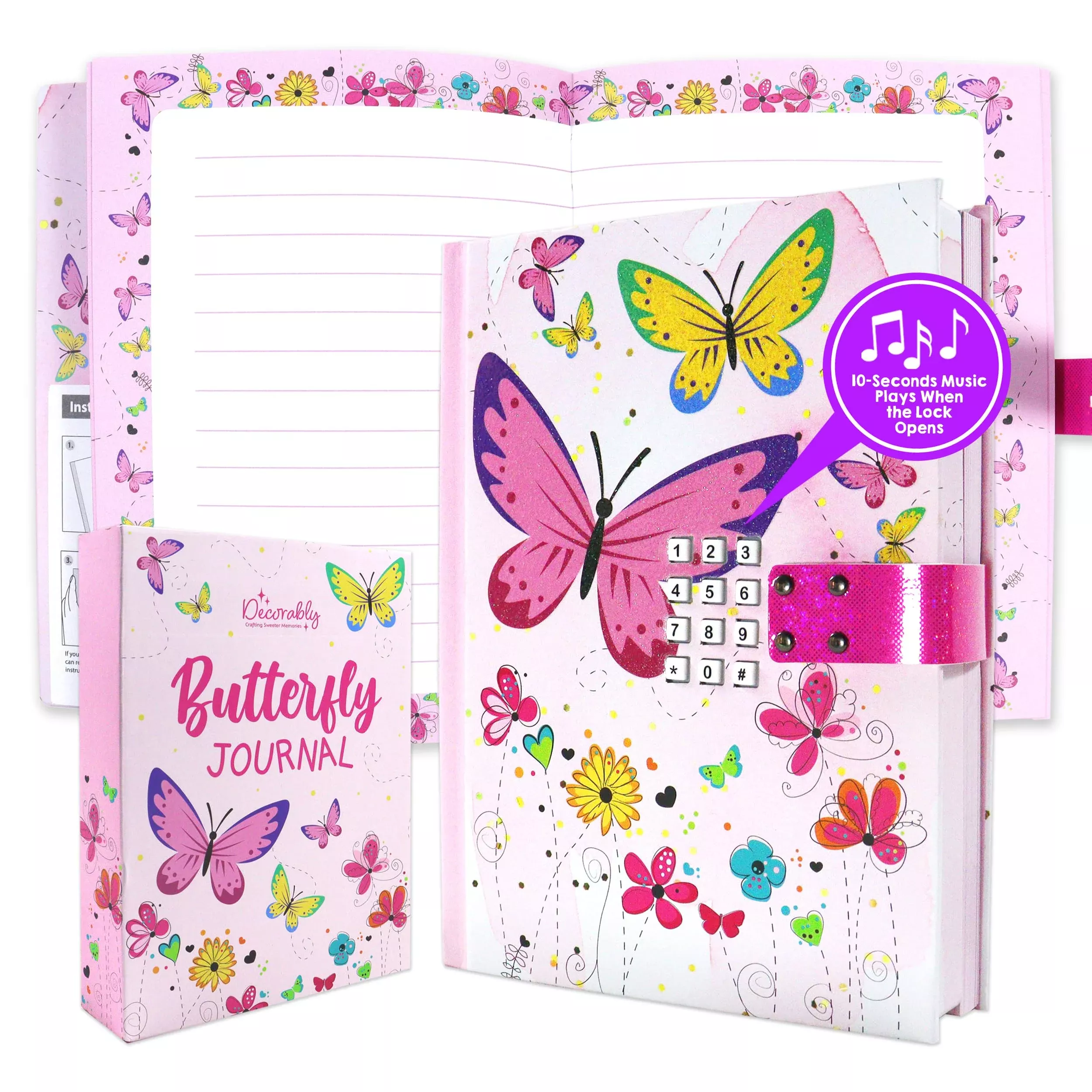 Decorably Glittery A5 Butterfly Diaries For Kids With Lock Code And Mu
