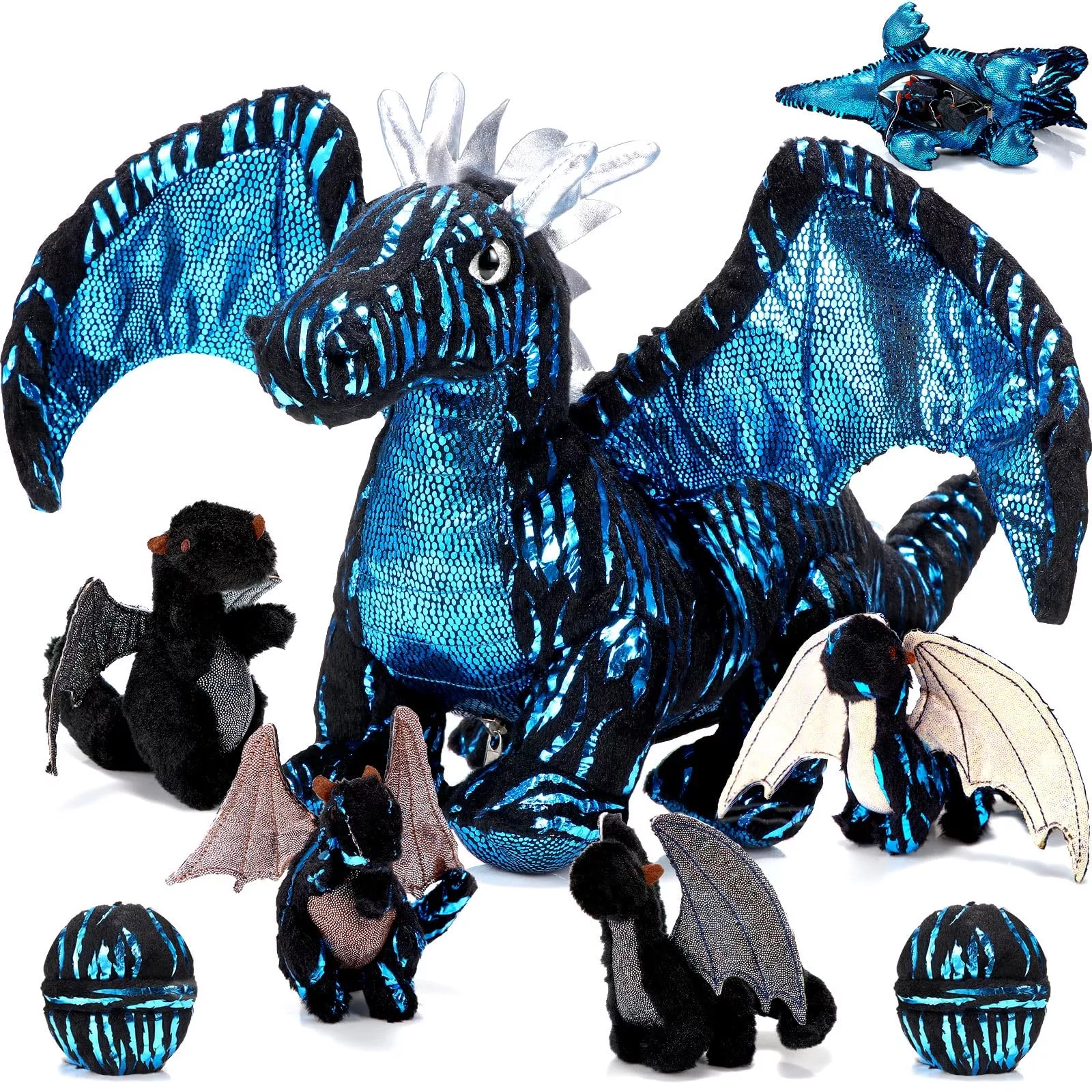 Deekin Dragon Plush Toy Set, 16" Large Dragon & 4 Baby Dragons, Multi