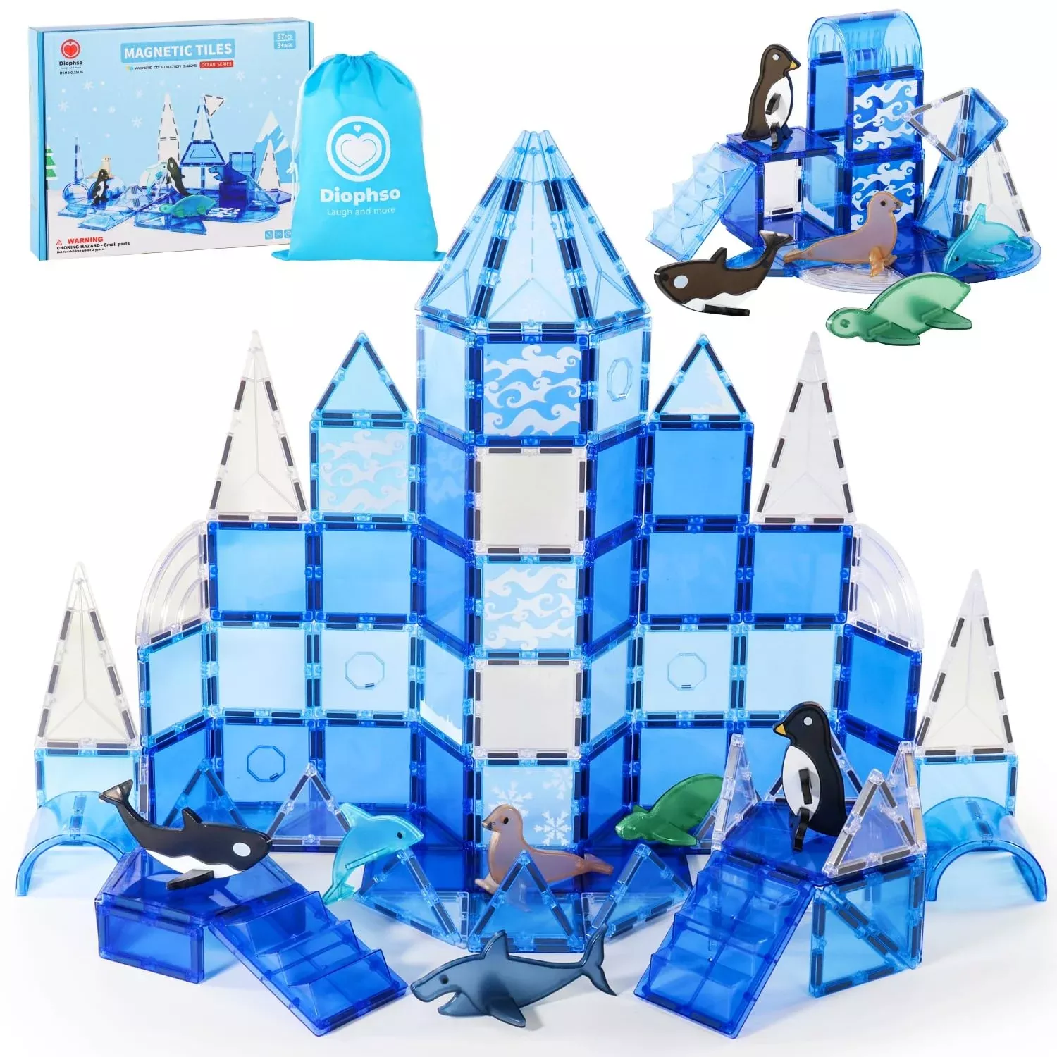 Diophso Magnetic Tiles Set with 6 Arctic Animals, Medium, Blue
