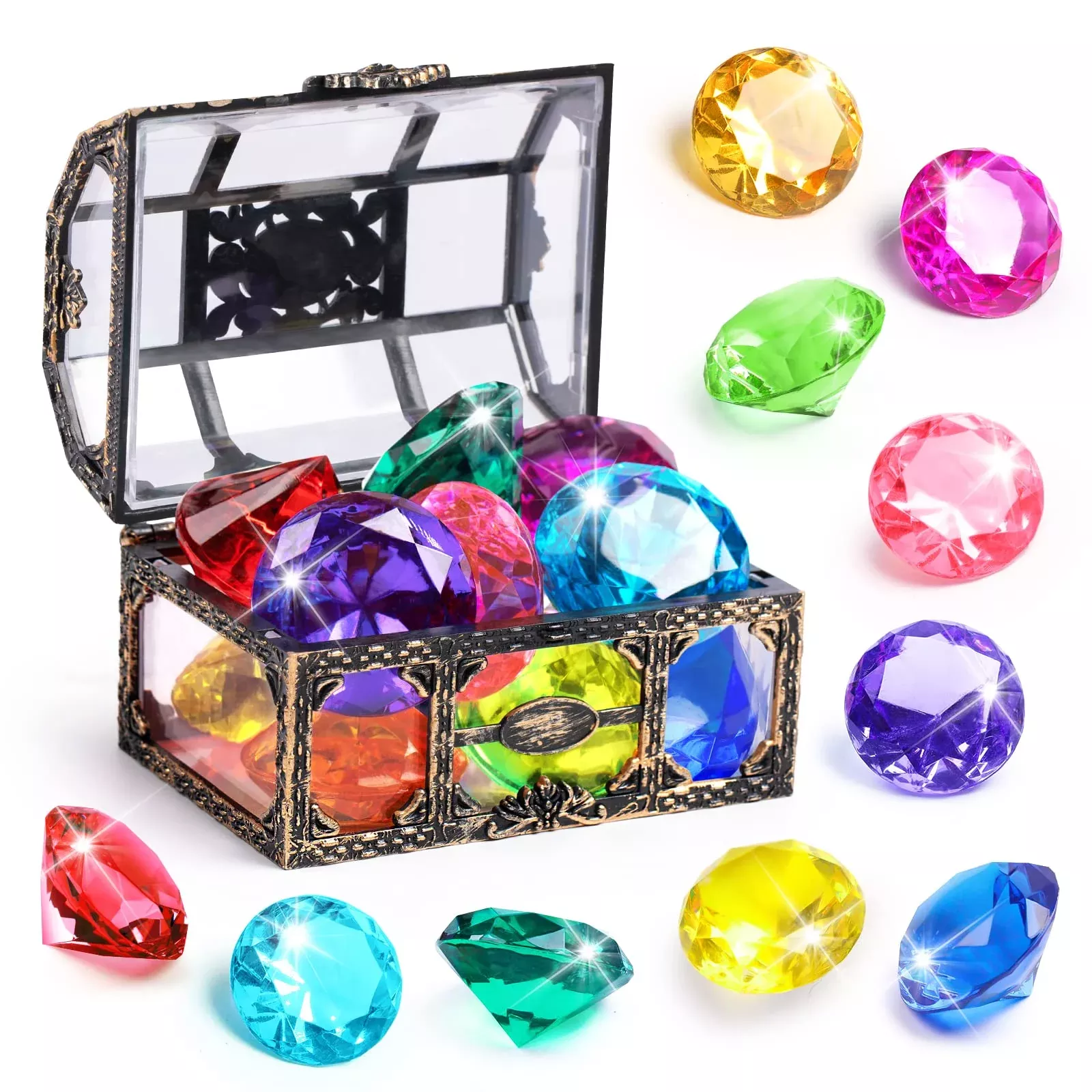 DISHIO Summer Pool Diving Toys with Treasure Chest, 10pcs Multi-colored Gems
