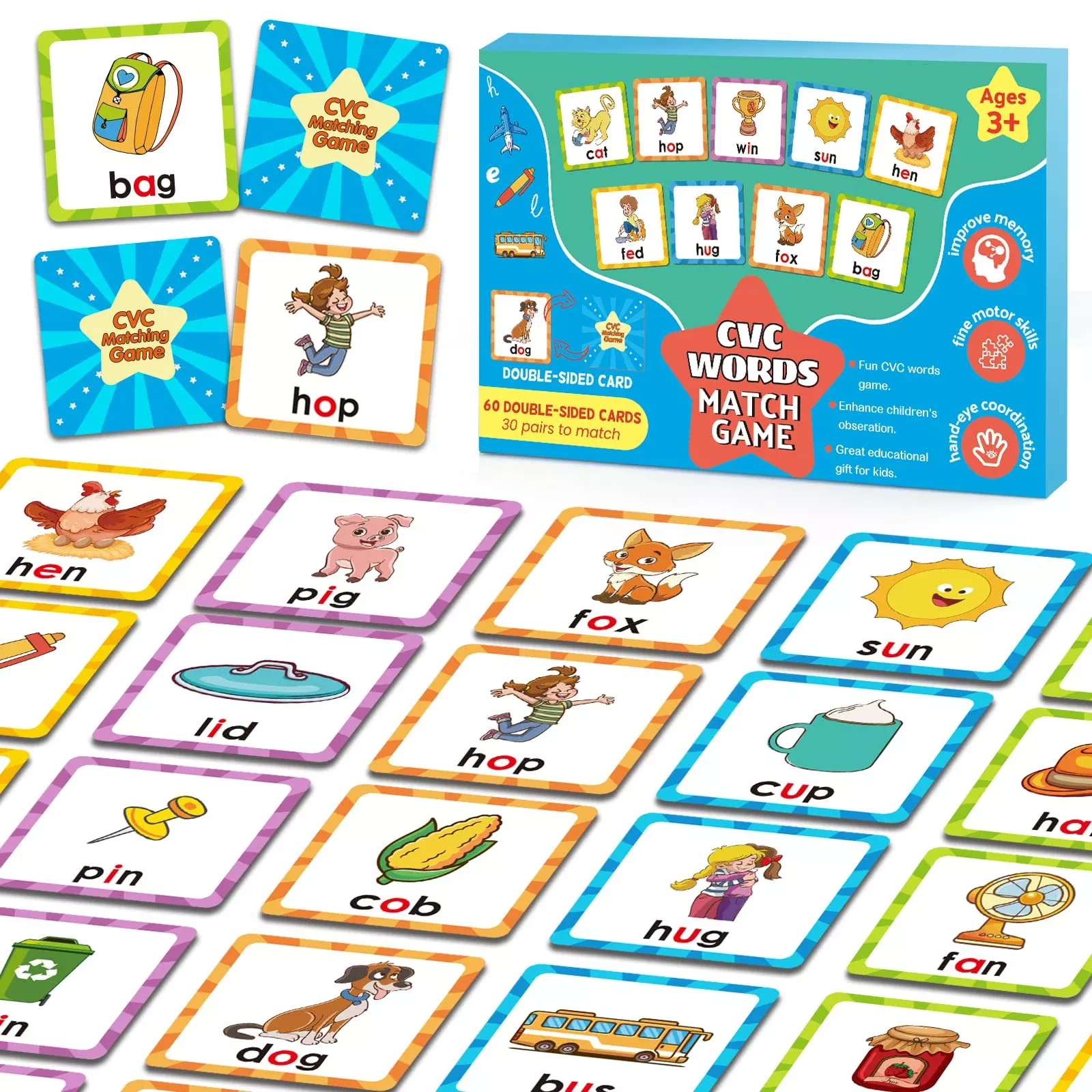 Distasio Memory Game for Kids Ages 2-8, CVC Words, Vibrant