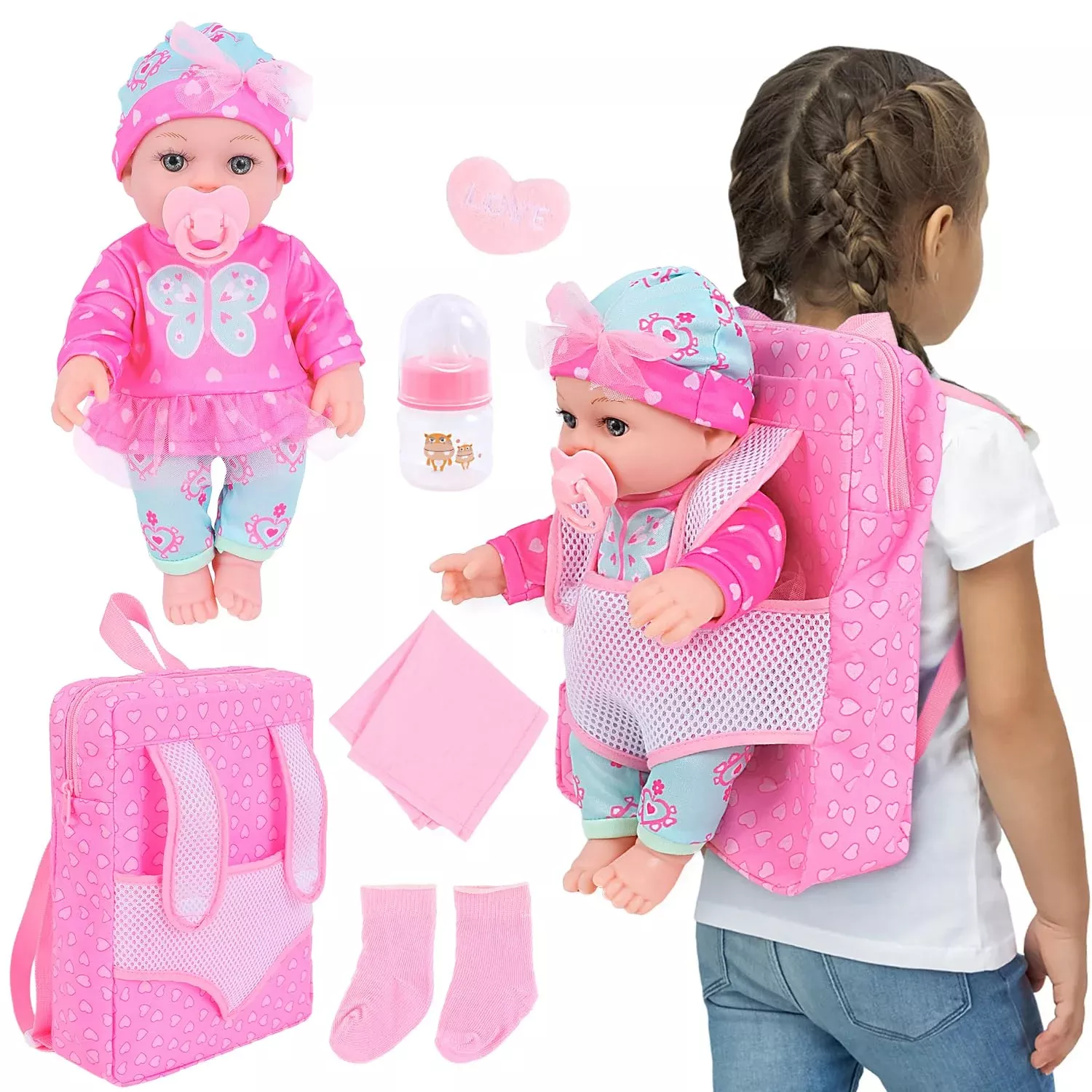 DONTNO 12 Inch Baby Doll with Backpack Carrier for Pretend Play