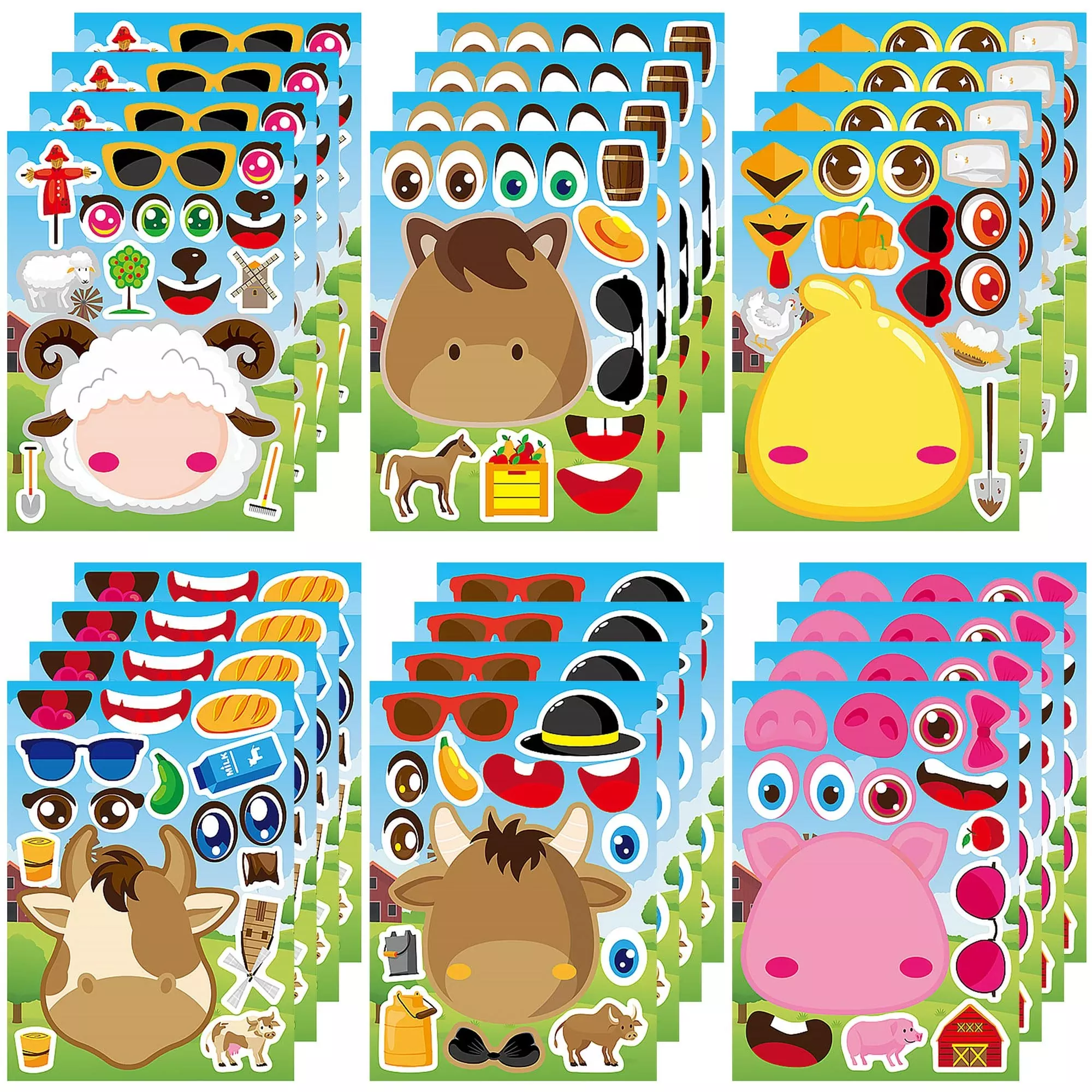Dorgua Farm Animal Make-a-Face Stickers, 24 Sheets, Copperplate Paper