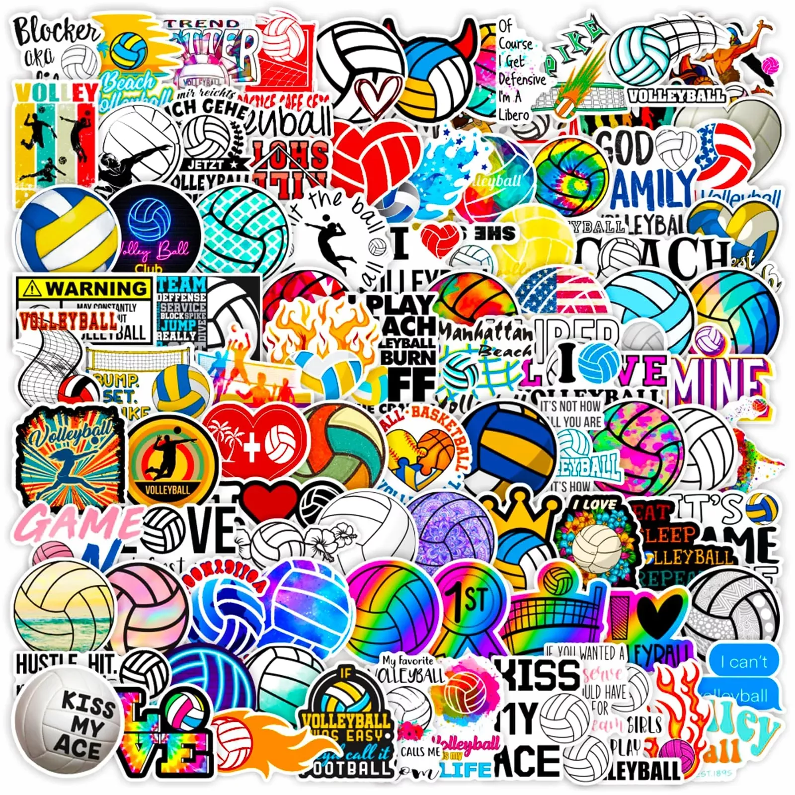 DothRayan Volleyball Stickers Pack, 100 Waterproof Vinyl, Multi-Color