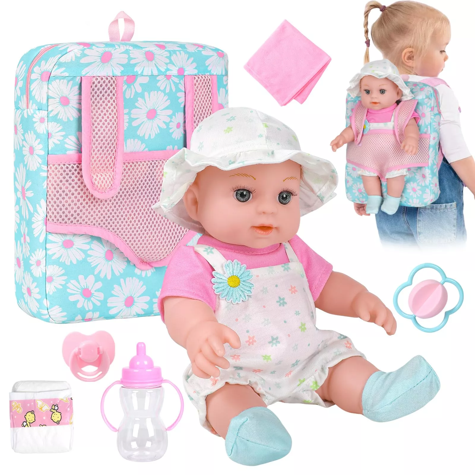 DOTVOSY Baby Doll Set 12 Inch with Backpack Carrier - Blue