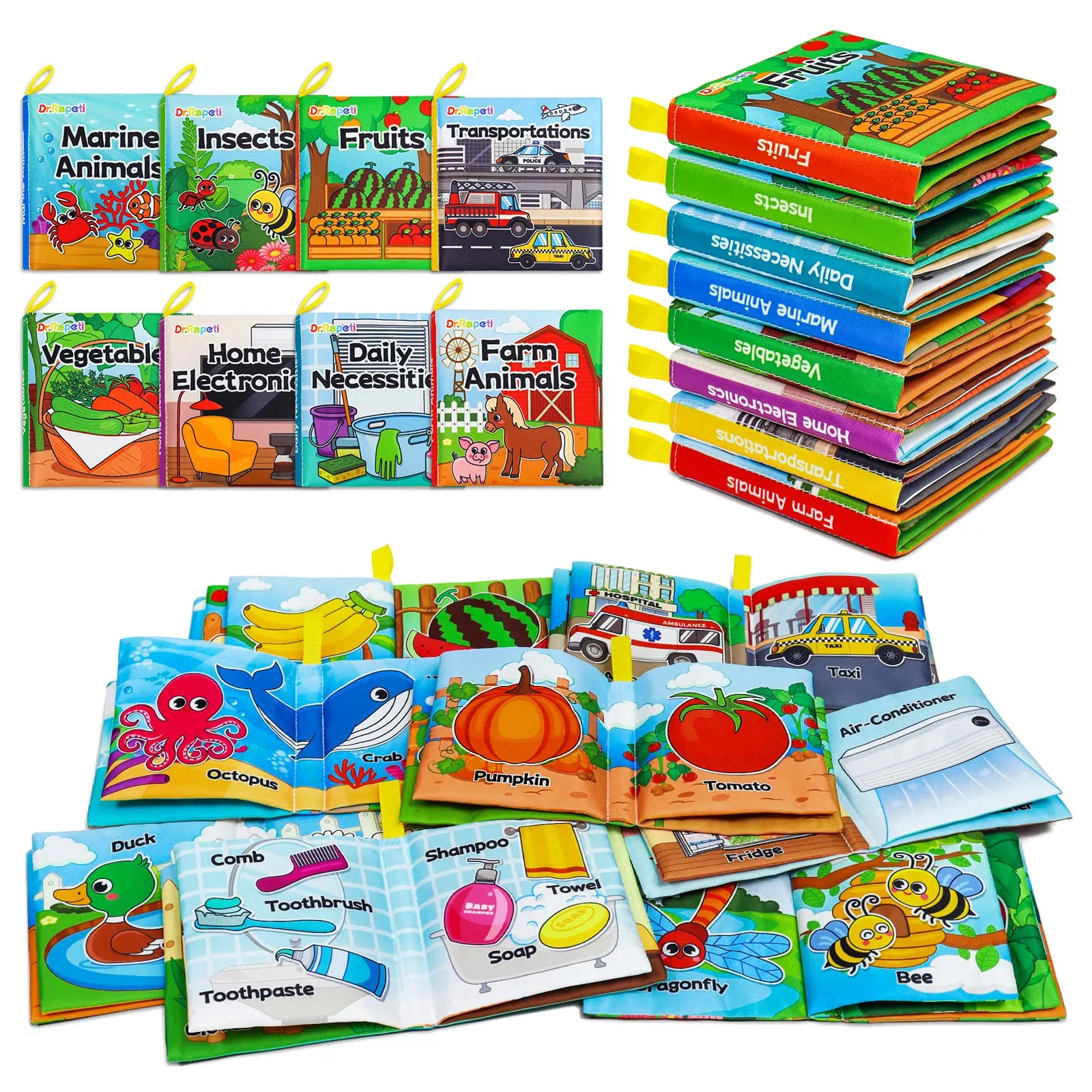 Dr.Rapeti Soft Cloth Baby Books 8-Pack Medium Colorful Educational