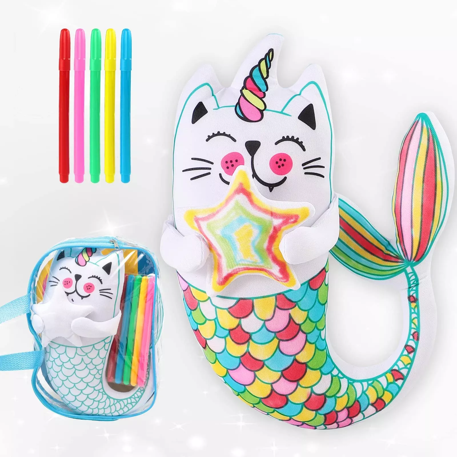 DRAWMYTOY Coloring Plush Toy - Fish Cat, 10.23" Polyester Doll with 5