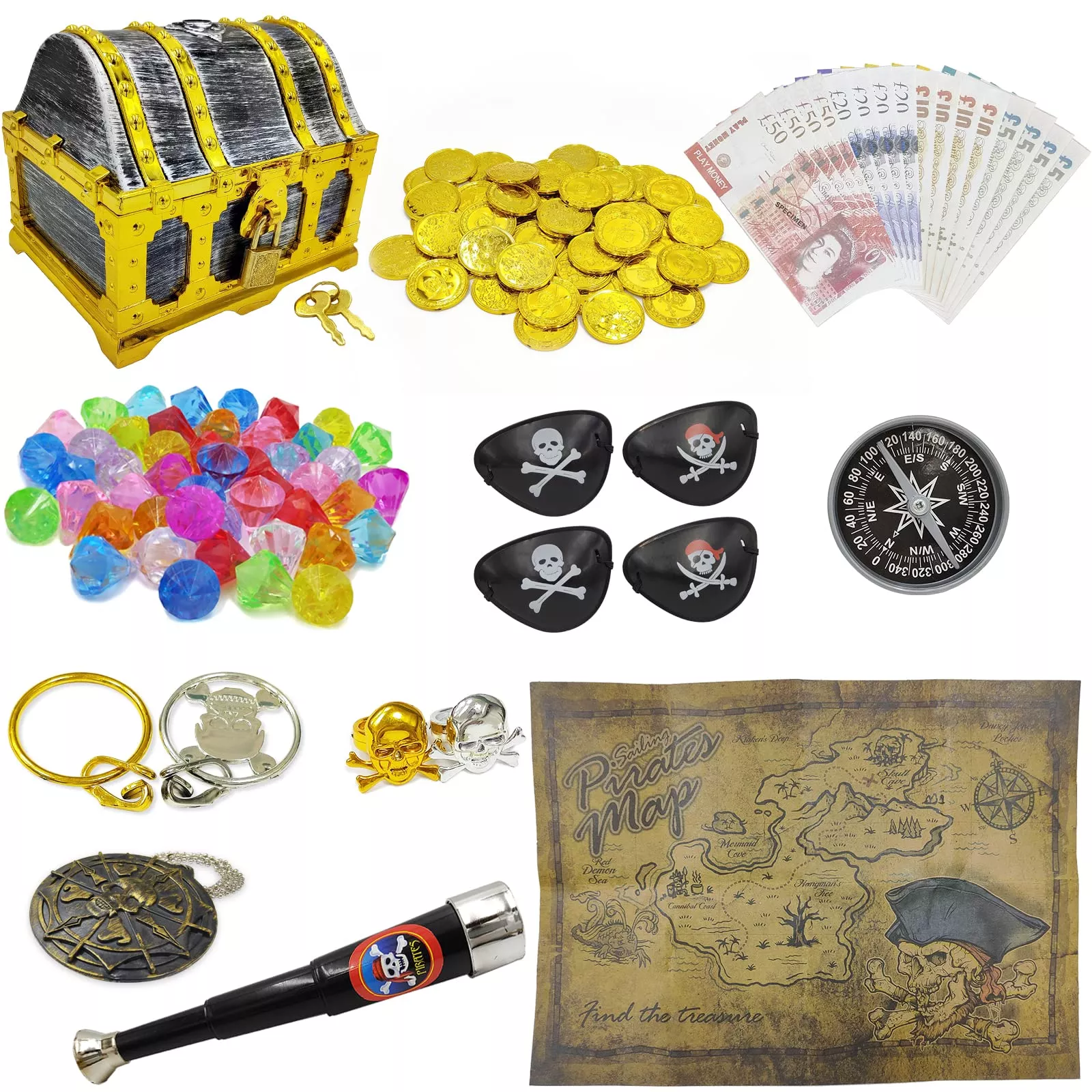 Dronside Pirate Treasure Hunt Kit - Gold - Medium - 50 Gems & Coins