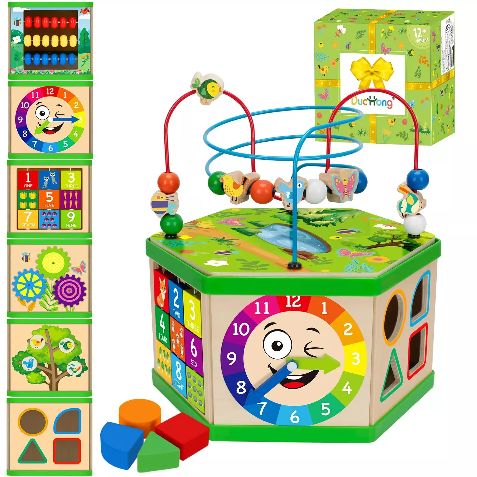 Duchong 7-in-1 Wooden Activity Cube for Toddlers, Green, Medium