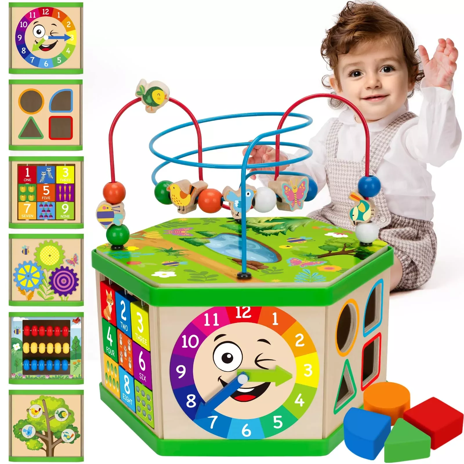 Duchong 7-in-1 Wooden Activity Cube for Toddlers, Pink, Medium