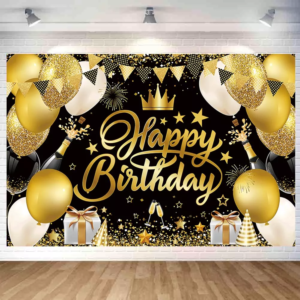 DuftGu Black Gold Happy Birthday Backdrop 70.8x47.2 Inch Decorations