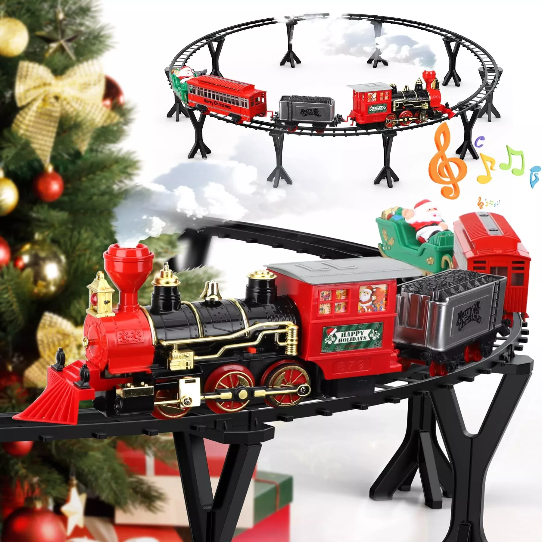 Dulsaera Christmas Train Set - Electric Toy Train with Bridge, Smoke,