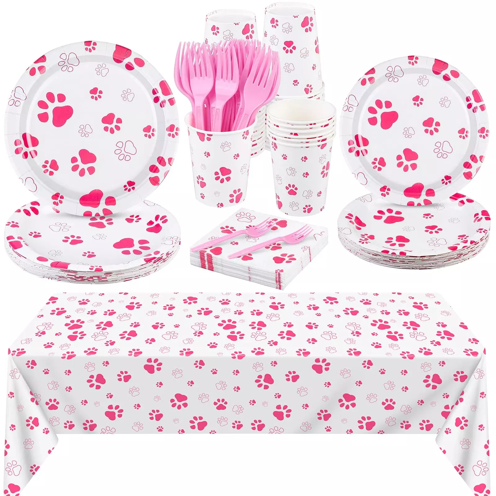 durony Dog Party Tableware Set, 121 Piece, Pink-White