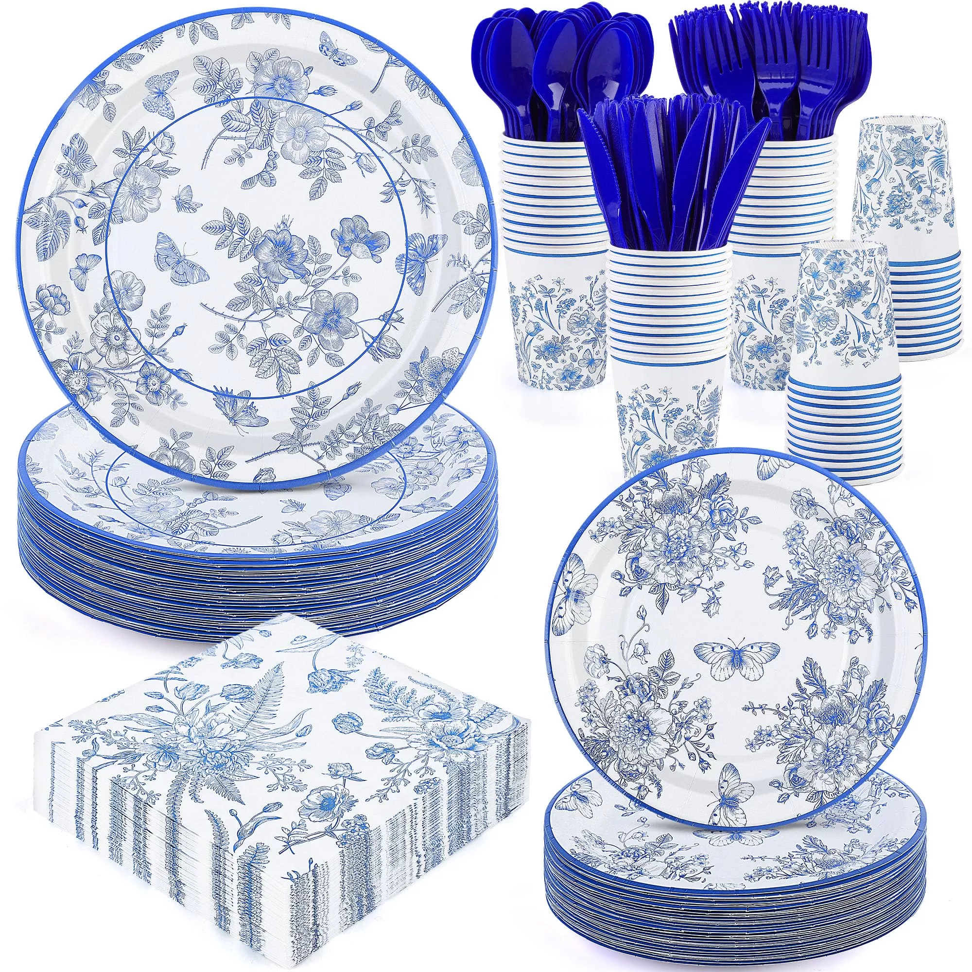 durony Flower Disposable Tableware Set, Blue, 350 Pieces