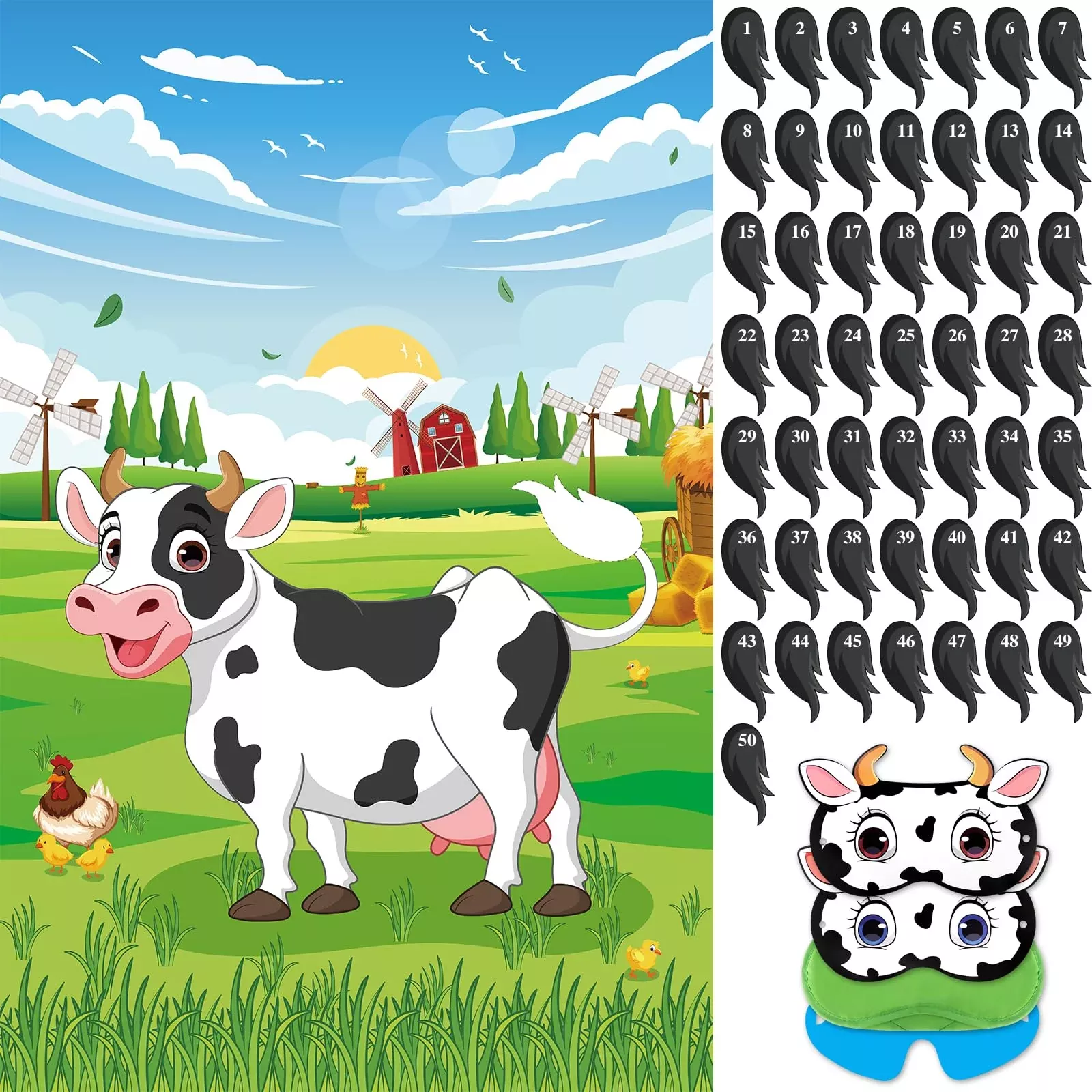 Eaezerav Pin The Tail On The Cow Game With 50 Pcs Tails Large Cow Game
