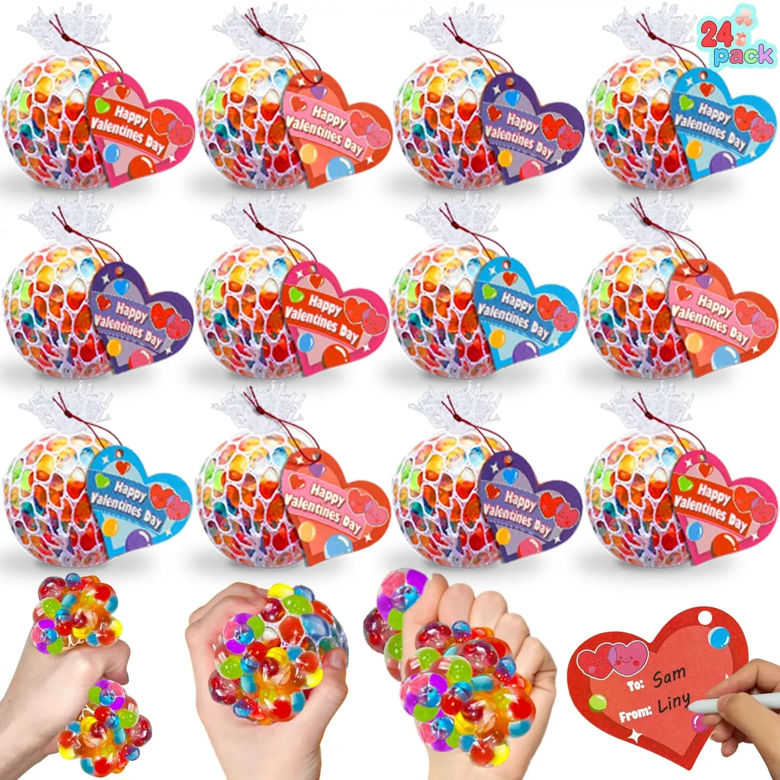 Easter Basket Stuffers,24 Pack Fidget Stress Balls With Cards Heart St