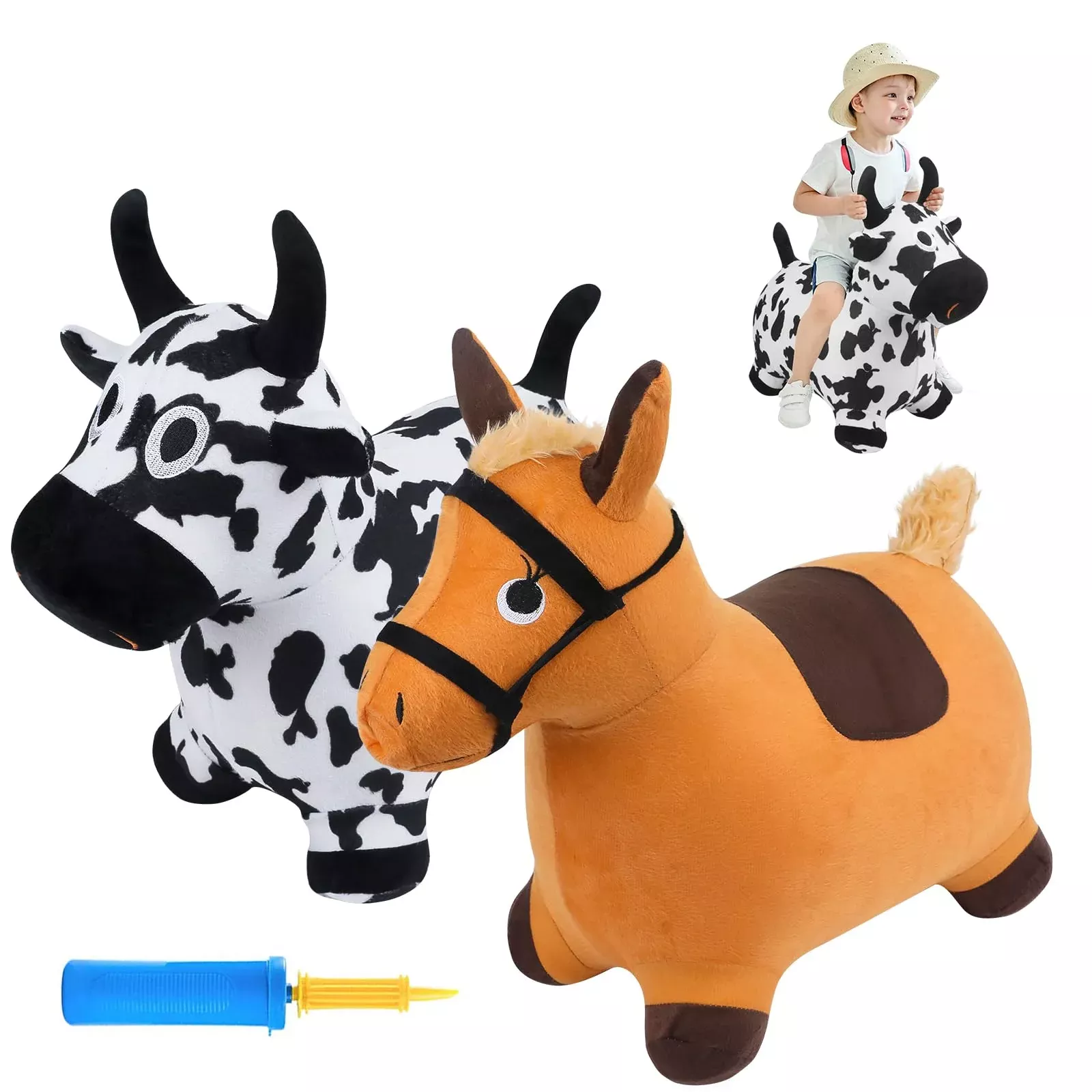 EKEPE Bouncy Hopper Animals for Kids - Inflatable Horse & Cow, Medium