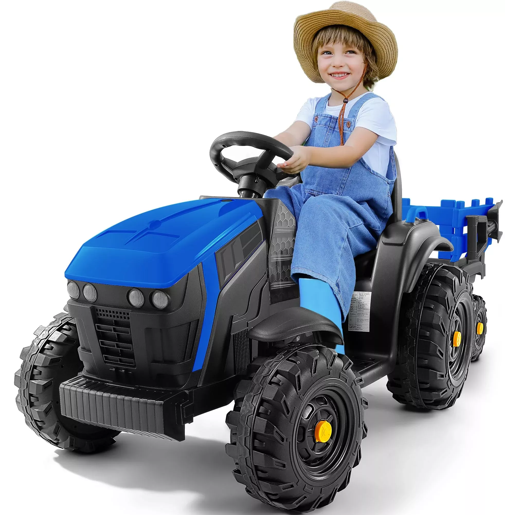 ELEMARA 24V Ride on Tractor with Detachable Trailer, Large Blue, Model