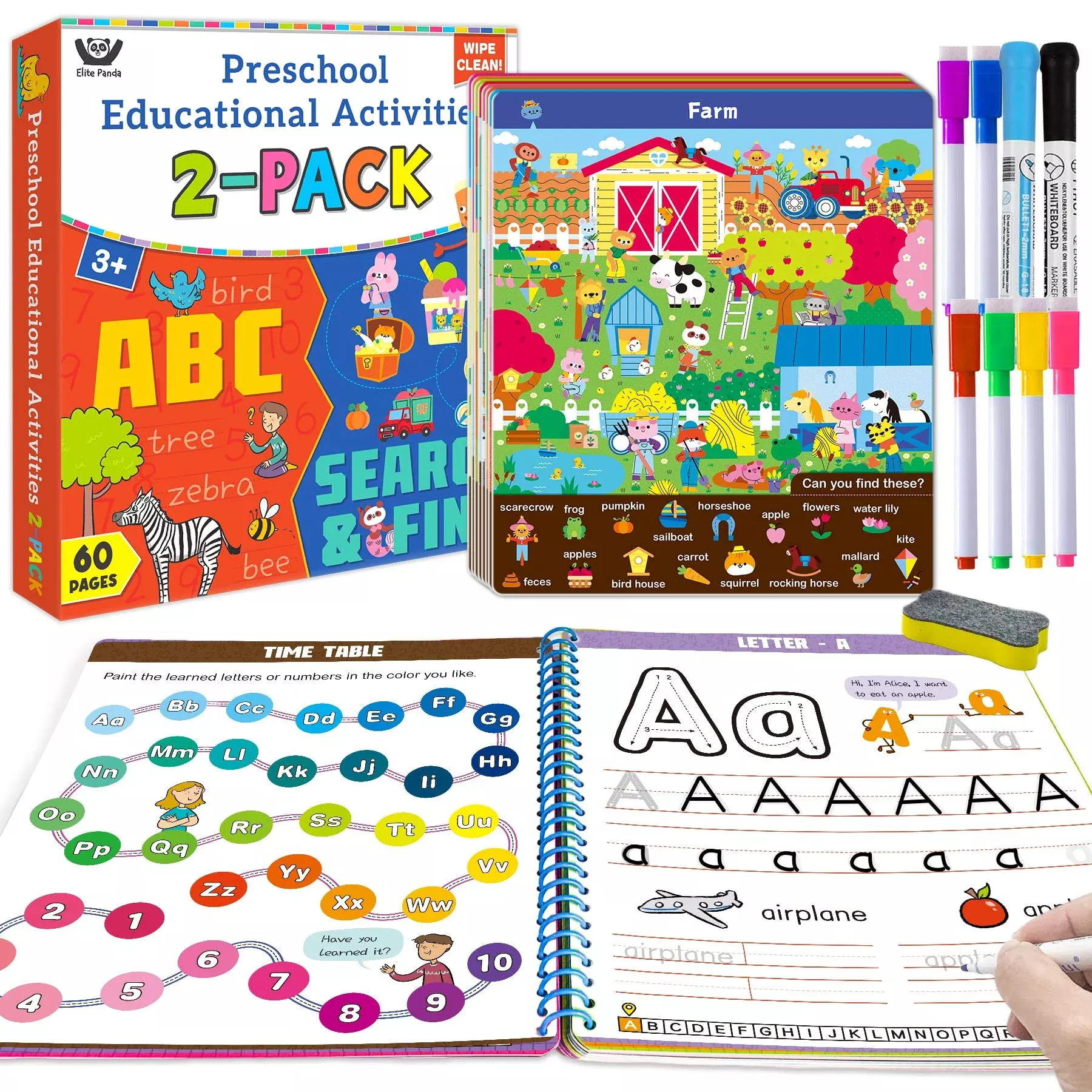 Elite Panda Preschool Learning Activities 60 Reusable Pages, (2-Pack)