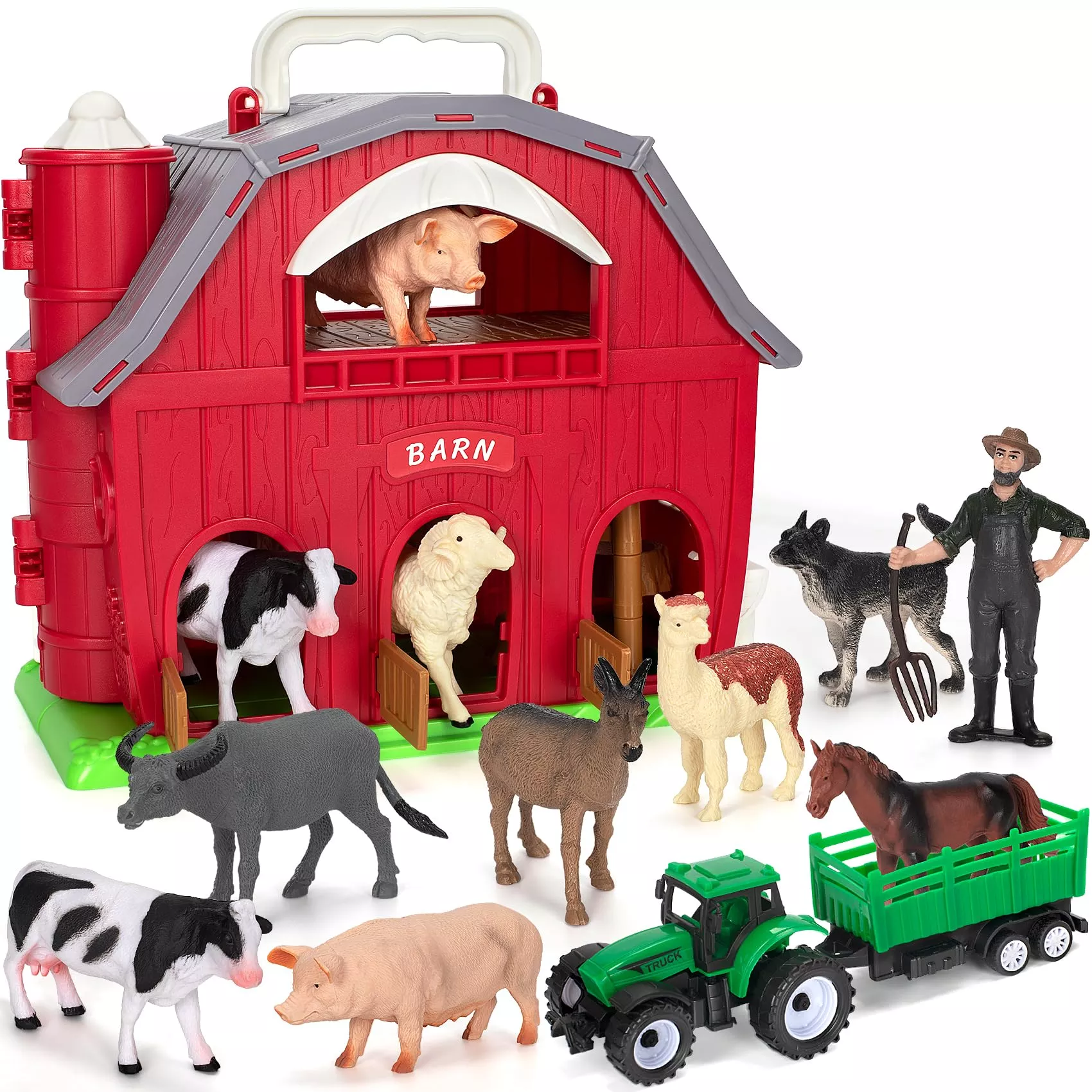Ellinjan Farm Playset with Big Red Barn and 10 Animal Figurines, Medium