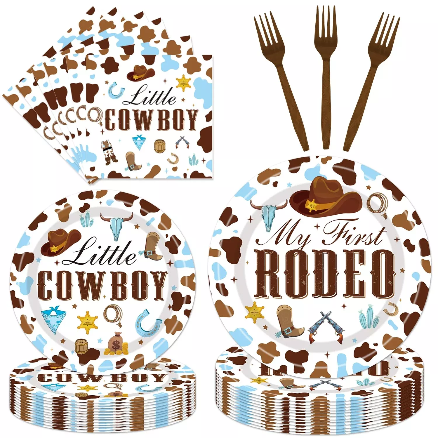EngoEagle Cowboy Birthday Party Dinnerware Set, 24 Pieces, My First Rodeo
