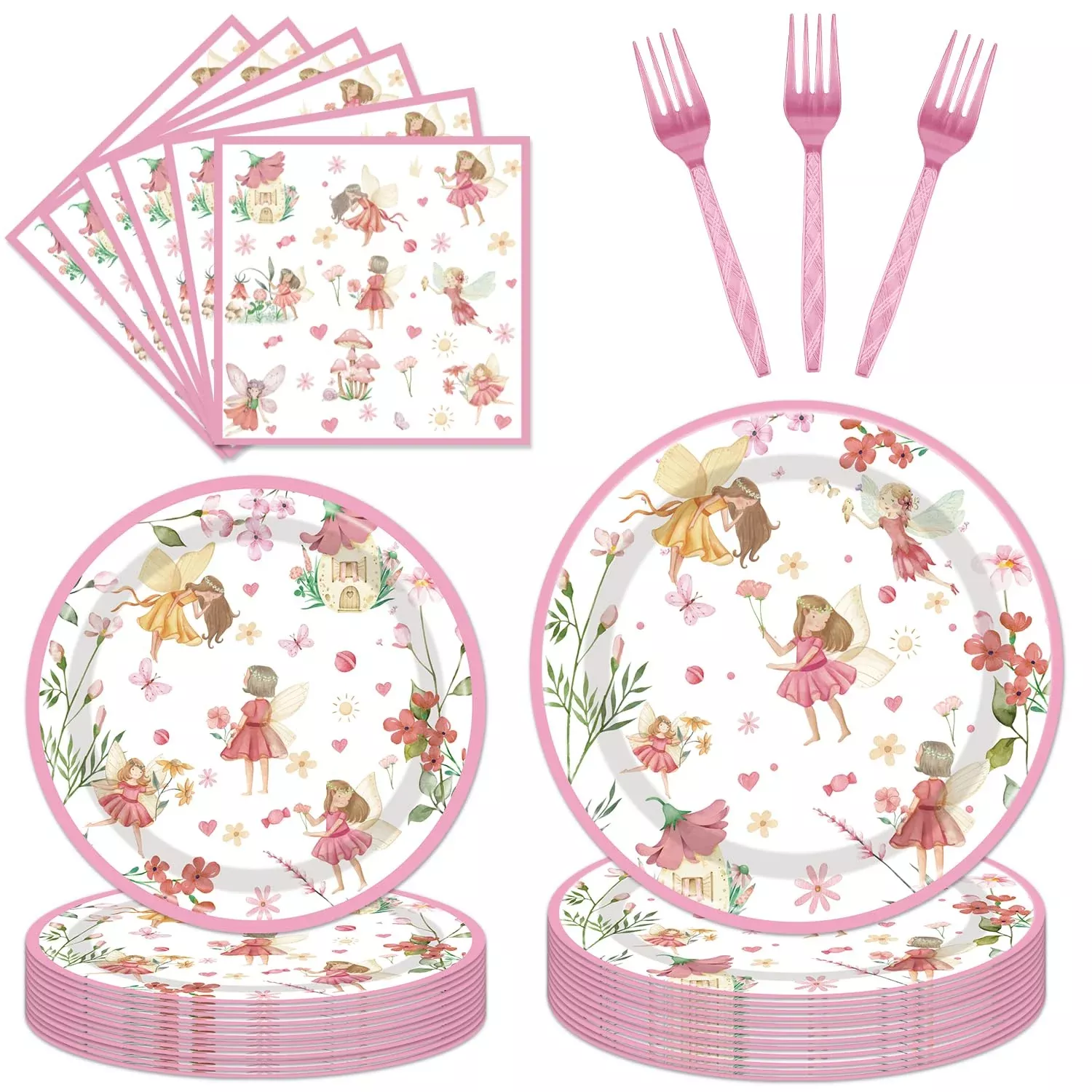 EngoEagle Fairy Party Tableware Set for 24 Guests, 96 PCS, Multi