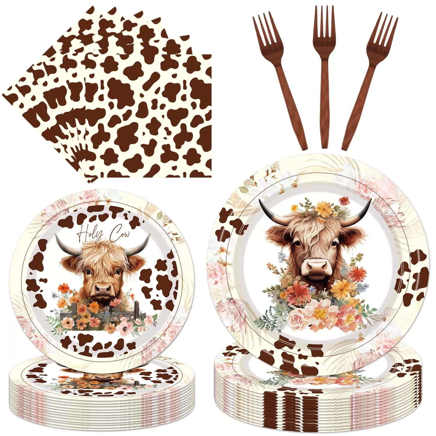 EngoEagle Highland Cow Party Tableware Set, Brown, 24 Guests